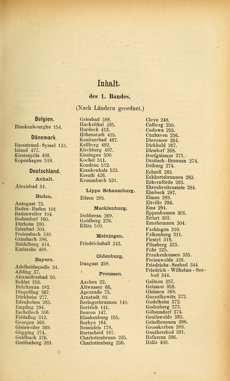 Belgien. Blankenbourghe 154. Dänemark. Barestrand - Syssel 133. Island 477. Kirstenpöls 498. Kopenhagen 518. Deutschland. Anhalt. Alexisbad 51. Baden. Antogast 73. Baden-Baden 101. Badenweiler 104. Bodendorf 160. Dürheim 280. Erlenbad 304. Freiersbach 340. Griesbach 386. Heidelberg 414. Karlsruhe 488. Bayern. Adelheidsquelle 34. Aibling 37. Alexandersbad 50. Boklet 158. Brückenau 182. Dingolfing 267. Dürkheim 277. Edenkoben 283. Empfing 294. Eschelloch 306. Feldafing 312. Georgen 360. Gleisweiler 369. Gögging 374. Goldbach 376. Greifenberg 381. des 1. Bandes. (Nach Ländern geordnet.) Griesbad 388. Hackelthal 395. Hardeck 413. Höhenstadt 435. Kanitzerbad 487. Kellberg 492. Kirchberg 497. Kissingen 500. Kochel 511. Kondrau 512. Krankenhals 523. Kreuth 426. Krummbach 531. Lippe Sehaiamburg. Elisen 285. Mecklenburg. Dobberan 269. Goldberg 376. Klütz 510. Meiningen. Friedrichshall 343. Oldenburg. Dangast 258. Preussen. Aachen 22. Altwasser 66, Apenrade 73. Arnstadt 80. Beringerbrunnen 140. Bertrich 141. Beuron 147. Blankenburg 155. Borbye 164. Braunfels 178. Burtscheid 187. Charlottenbrunn 235. Charlottenburg 236. Cleve 248. Colberg 250. Cudowa 255. Cuxhaven 256. Dievenow 264. Dirkhold 267. Dirsdorf 268. Dorfgaismar 271. Draitsch - Brunnen 274. Driburg 274. Echzell 283. Eckhartsbrunnen 283. Eckernförde 283. Ehrenbreitenstein 284. Eimbeck 287. Elmen 289. Eltville 294. Ems 294. Eppenhausen 301. Erfurt 302. Ernabrunnen 304. Fachingen 310. Falkenberg 311. Fiestel 319. Flinsberg 323. Föhr 325. Frankenhausen 335. Freienwalde 339. Friedrichs - Seebad 344. ' Friedrich - Wilhelms - See • bad 344. Geilnau 357. Geismar 358. Gleissen 368. Goczalkowitz 372. Godelheim 372. Godesberg 373. Göbensdorf 374. Greifswalde 383. Grindbrunnen 388. Grosskarben 389. Gunthersbad 391. Hafkreuz 396. Halla 400.