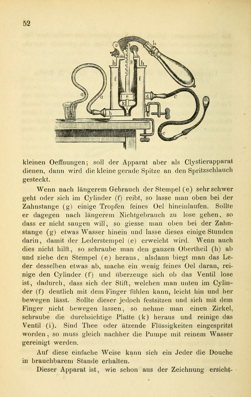 kleinen Oeffnungen; soll der Apparat aber als Clystierapparat dienen, dann wird die kleine gerade Spitze an den Spritzschlauch gesteckt. Wenn nach längerem Gebrauch der Stempel (e) sehr schwer geht oder sich im Cylinder (f) reibt, so lasse man oben bei der Zahnstange (g) einige Tropfen feines Oel hineinlaufen. Sollte er dagegen nach längerem Nichtgebrauch zu lose gehen, so dass er nicht saugen will, so giesse man oben bei der Zahn- stange (g) etwas Wasser hinein und lasse dieses einige Stunden darin, damit der Lederstempel (e) erweicht wird. Wenn auch dies nicht hilft, so schraube man den ganzen Obertheil (h) ab und ziehe den Stempel (e) heraus, alsdann biegt man das Le- der desselben etwas ab, mache ein wenig feines Oel daran, rei- nige den Cyhnder (f) und überzeuge sich ob das Ventil lose ist, dadurch, dass sich der Stift, welchen man unten im Cylin- der (f) deutlich mit dem Finger fühlen kann, leicht hin und her bewegen lässt. Sollte dieser jedoch festsitzen und sich mit dem Finger nicht bewegen lassen, so nehme man einen Zirkel, schraube die durchsichtige Platte (k) heraus und reinige das Ventil (i). Sind Thee oder ätzende Flüssigkeiten eingespritzt worden , so muss gleich nachher die Pumpe mit reinem Wasser gereinigt werden. Auf diese einfache Weise kann sich ein Jeder die Douche in brauchbarem Stande erhalten. Dieser Apparat ist, wie schon aus der Zeichnung ersieht-