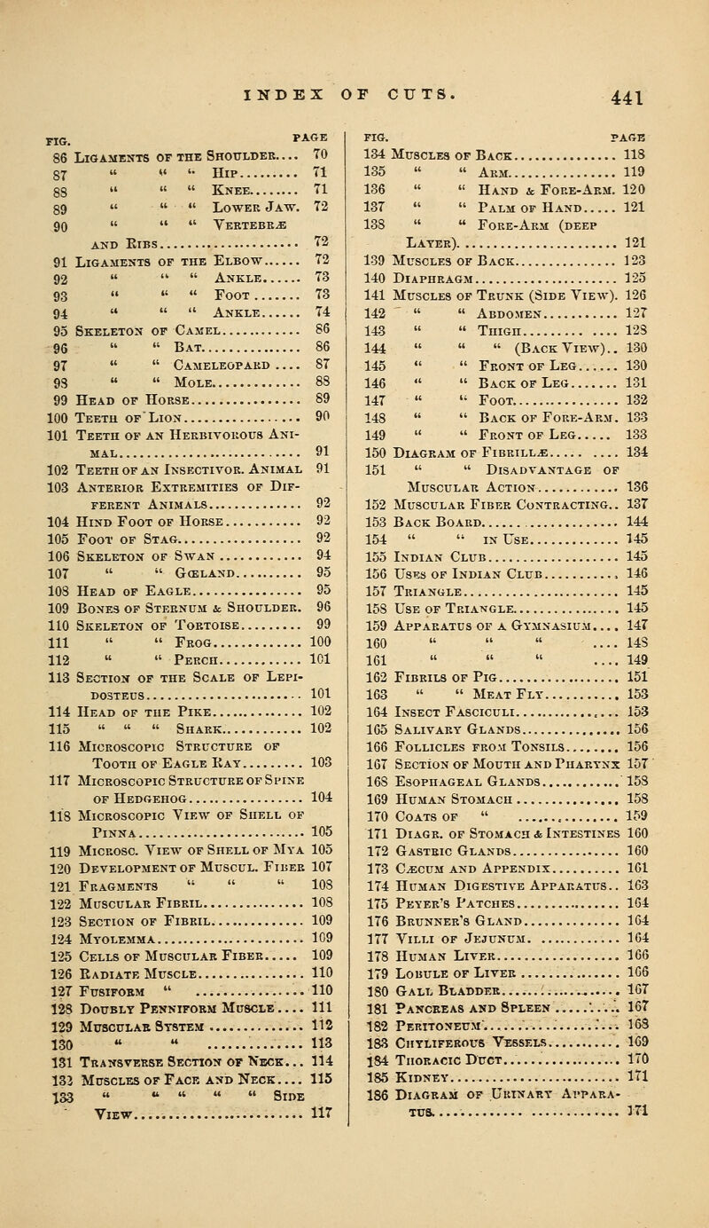 FIG. J'*-<^E 86 Ligaments of the Shotildek. ... 70 87  *' '• Hip 71 88    Knee 71 89    Lower Jaw. 72 90    Vebtebe^ AND KiBS 72 91 Ligaments of the Elbow 72 92    Ankle 73 93    Foot 73 94    Ankle 74 95 Skeleton of Caxel 86 96   Bat 86 97   Cameleopakd 87 93   Mole 88 99 Head of Horse 89 100 Teeth ofLion 90 101 Teeth of an Herbivorous Ani- mal 91 102 Teeth of an Inseotivoe. Animal 91 103 Anterior Extremities of Dif- ferent Animals 92 104 Hind Foot of Horse 92 105 Foot of Stag 92 106 Skeleton of Swan 94 107   G(ELAND 95 108 Head of Eagle 95 109 Bones of Sternum & Shoulder. 96 110 Skeleton of Tortoise 99 111   Frog 100 112   Perch... 101 113 Section of the Scale of Lepi- DOSTEUS 101 114 Head of the Pike 102 115    Shark 102 116 Microscopic Structure op Tooth of Eagle Kay 103 117 Microscopic Structure of Spine OF Hedgehog 104 118 Microscopic View of Shell of Pinna 105 119 MicROSC. View of Shell of Mya 105 120 Development of Muscul. Fiber 107 121 Fragments    108 122 Muscular Fibril 108 123 Section of Fibril 109 124 Myolemma 109 125 Cells of Muscular Fiber. .... 109 126 Radiate Muscle 110 127 Fusiform  ..110 123 Doubly Pennifobm Muscle 111 129 MuscuLAB System 112 130   113 131 Transverse Section of Neck. .. 114 133 Muscles of Face and Neck 115 133      Side View..... 117 FIG. PAGE 134 Muscles of Back 118 135 »  Arm 119 136   Hand & Fore-Arm. 120 137   Palm OF Hand 121 138   Fore-Arm (deep Layer) 121 139 Muscles of Back 123 140 Diaphragm 125 141 Muscles of Trunk (Side View). 126 142 '   Abdomen 127 143   Thigh 123 144    (Back View).. 130 145   Front OF Leg 130 146   Back of Leg 131 147  '■' Foot 132 148   Back of Fore-Arm. 183 149   Front OF Leg 133 150 Diagram of Fibrill^e. 134 151   Disadvantage of Muscular Action 136 152 Muscular Fiber Contracting.. 137 153 Back Board 144 154   IN Use 145 155 Indian Club 145 156 Uses of Indian Club 146 157 Triangle 145 158 Use of Triangle 145 159 Apparatus of a Gymnasium. ... 147 160    .... US 161    .... 149 162 Fibrils of Pig 151 163   Meat Fly 153 164 Insect Fasciculi 153 165 Salivary Glands 156 166 Follicles from Tonsils. 156 167 Section of Mouth and Pharynx 157 168 Esophageal Glands 153 169 Human Stomach 158 170 Coats OF  159 171 DiAGR. OF Stomach & Intestines 160 172 Gastric Glands 160 173 C^cuM AND Appendix 161 174 Human Digestive Apparatus,. 163 175 Peyer's Patches 104 176 Brunner's Gland 164 177 Villi of Jejunum 104 178 Human Liver 106 179 Lobule of Liver 1G6 180 Gallbladder :. ^..... 107 181 Pancreas and Spleen ....'. 167 182 Peritoneum........... .'... 16S 183 Chtliferous Vessels 169 184 Thoracic Duct. 170 185 Kidney 171 186 Diagram of UtiiNARY Appara- tus..... 171