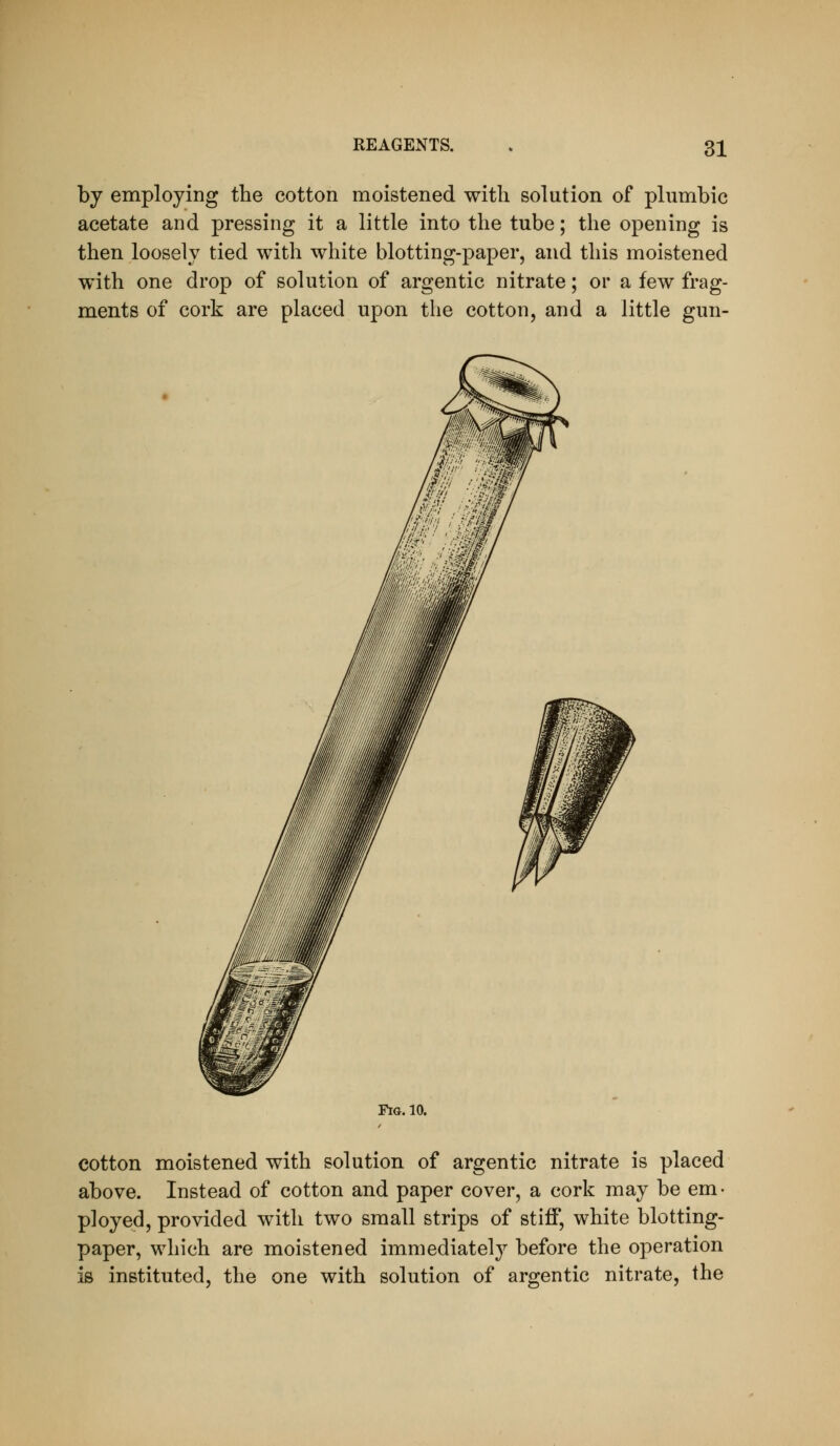 by employing the cotton moistened with solution of plumbic acetate and pressing it a little into the tube; the opening is then loosely tied with white blotting-paper, and this moistened w^ith one drop of solution of argentic nitrate; or a few frag- ments of cork are placed upon the cotton, and a little gun- FiG. 10. cotton moistened with solution of argentic nitrate is placed above. Instead of cotton and paper cover, a cork may be em- ployed, provided with two small strips of stiff, white blotting- paper, which are moistened immediatel}^ before the operation is instituted, the one with solution of argentic nitrate, the