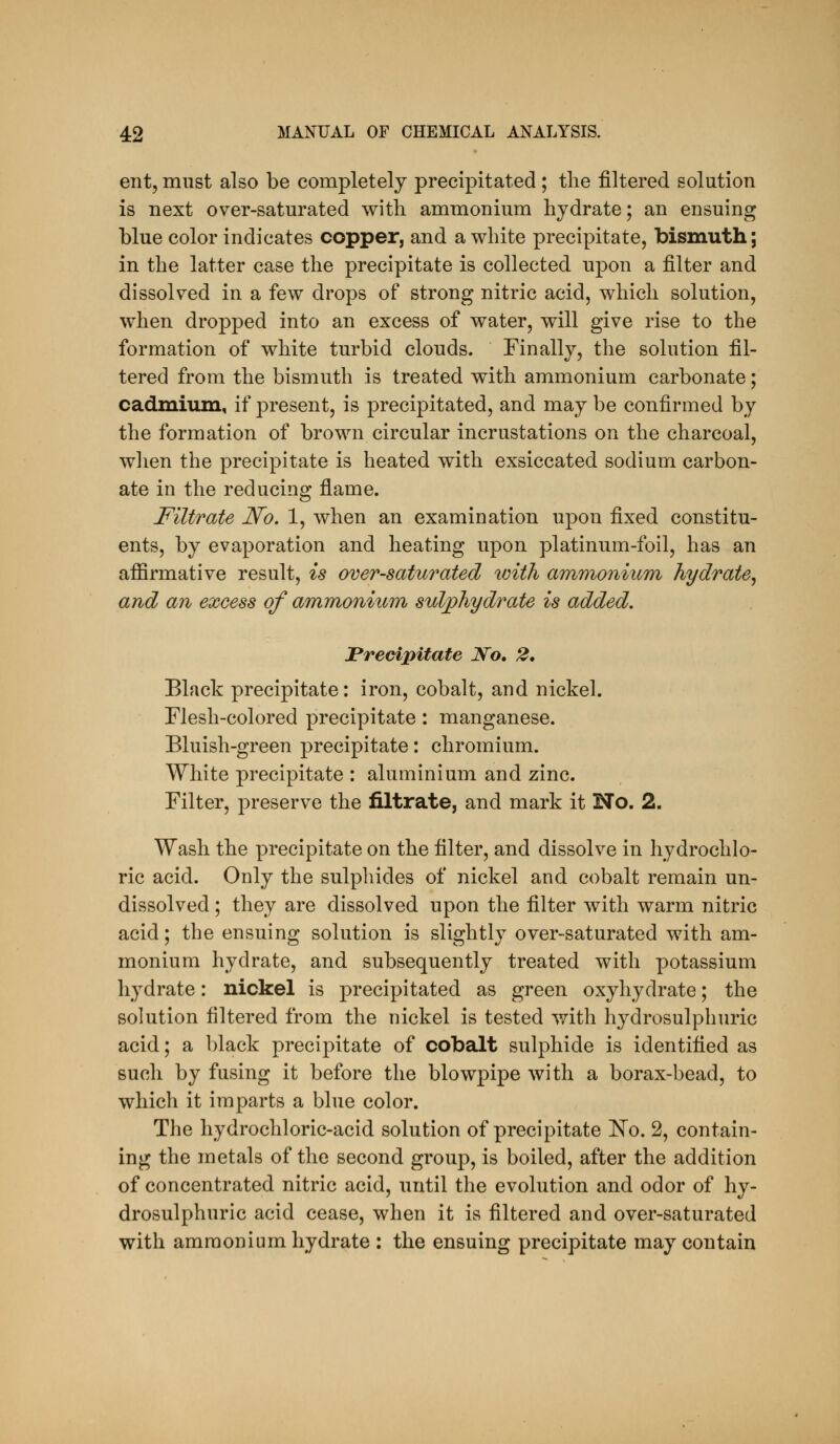 eiit, must also be completely precipitated ; the filtered solution is next over-saturated with ammonium hydrate; an ensuing blue color indicates copper, and a white precipitate, bismuth; in the latter case the precipitate is collected upon a filter and dissolved in a few drops of strong nitric acid, which solution, when dropped into an excess of water, will give rise to the formation of white turbid clouds. Finally, the solution fil- tered from the bismuth is treated with ammonium carbonate; cadmium, if present, is precipitated, and may be confirmed by the formation of brown circular incrustations on the charcoal, when the precipitate is heated with exsiccated sodium carbon- ate in the reducing flame. Filtrate No. 1, when an examination upon fixed constitu- ents, by evaporation and heating upon platinum-foil, has an affirmative result, is over-saturated with ammonium hydrate^ and an excess of ammonium sulphydrate is added. JPredpitate JVo. 2, Black precipitate: iron, cobalt, and nickel. Flesh-colored precipitate: manganese. Bluish-green precipitate: chromium. White precipitate : aluminium and zinc. Filter, preserve the filtrate, and mark it No. 2. Wash the precipitate on the filter, and dissolve in hydrochlo- ric acid. Only the sulphides of nickel and cobalt remain un- dissolved ; they are dissolved upon the filter with warm nitric acid; the ensuing solution is slightly over-saturated with am- monium hydrate, and subsequently treated with potassium hydrate: nickel is precipitated as green oxyhydrate; the solution filtered from the nickel is tested with hydrosulphuric acid; a black precipitate of cobalt sulphide is identified as such by fusing it before the blowpipe with a borax-bead, to which it imparts a blue color. The hydrochloric-acid solution of precipitate 'No. 2, contain- ing the metals of the second group, is boiled, after the addition of concentrated nitric acid, until the evolution and odor of hy- drosulphuric acid cease, when it is filtered and over-saturated with ammonium hydrate : the ensuing precipitate may contain