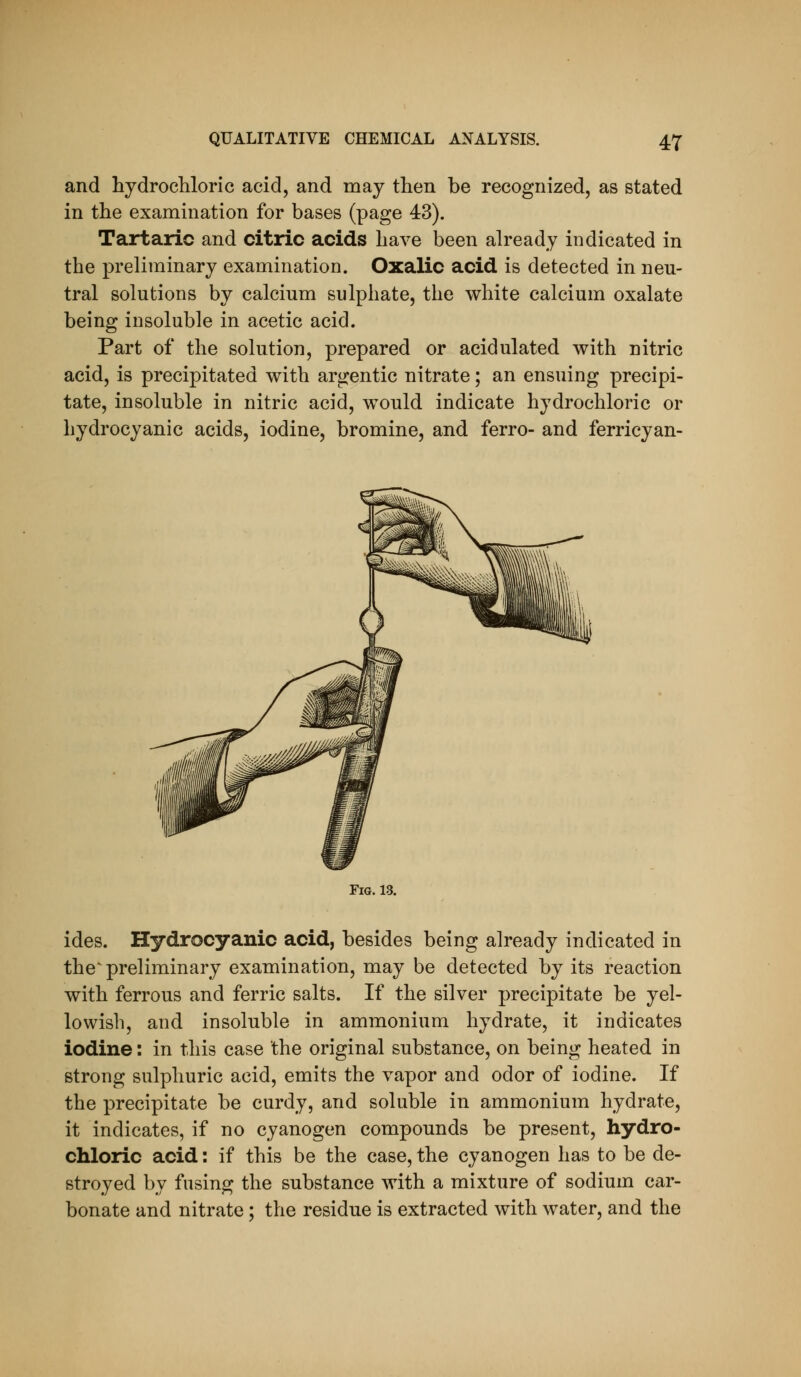 and hydrochloric acid, and may then be recognized, as stated in the examination for bases (page 43). Tartaric and citric acids have been already indicated in the preliminary examination. Oxalic acid is detected in neu- tral solutions by calcium sulphate, the white calcium oxalate being insoluble in acetic acid. Part of the solution, prepared or acidulated with nitric acid, is precipitated with argentic nitrate; an ensuing precipi- tate, insoluble in nitric acid, would indicate hydrochloric or hydrocyanic acids, iodine, bromine, and ferro- and ferricyan- FiG. 13. ides. Hydrocyanic acid, besides being already indicated in the^ preliminary examination, may be detected by its reaction with ferrous and ferric salts. If the silver precipitate be yel- lowish, and insoluble in ammonium hydrate, it indicates iodine: in this case the original substance, on being heated in strong sulphuric acid, emits the vapor and odor of iodine. If the precipitate be curdy, and soluble in ammonium hydrate, it indicates, if no cyanogen compounds be present, hydro- chloric acid: if this be the case, the cyanogen has to be de- stroyed by fusing the substance with a mixture of sodium car- bonate and nitrate; the residue is extracted with water, and the