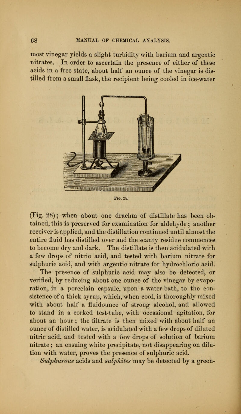 most vinegar yields a slight turbidity with barium and argentic nitrates. In order to ascertain the presence of either of these acids in a free state, about half an ounce of the vinegar is dis- tilled from a small flask, the recipient being cooled in ice-water Tig. 28. (Fig. 28); when about one drachm of distillate has been ob- tained, this is preserved for examination for aldehyde; another receiver is applied, and the distillation continued until almost the entire fluid has distilled over and the scanty residue commences to become dry and dark. The distillate is then acidulated with a few drops of nitric acid, and tested with barium nitrate for sulphuric acid, and with argentic nitrate for hydrochloric acid. The presence of sulphuric acid may also be detected, or verified, by reducing about one ounce of the vinegar by evapo- ration, in a porcelain capsule, upon a water-bath, to the con- sistence of a thick syrup, which, when cool, is thoroughly mixed with about half a fluidounce of strong alcohol, and allowed to stand in a corked test-tube, with occasional agitation, for about an hour; the filtrate is then mixed with about half an ounce of distilled water, is acidulated with a few drops of diluted nitric acid, and tested with a few drops of solution of barium nitrate ; an ensuing white precipitate, not disappearing on dilu- tion with water, proves the presence of sulphuric acid. Sulphurous acids and sulphites may be detected by a green-