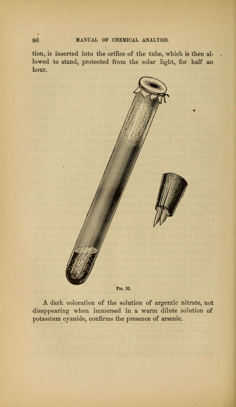 tion, is inserted into the orifice of the tube, which is then al- lowed to stand, protected from the solar light, for half an hour. Fro. 82. A dark coloration of the solution of argentic nitrate, not disappearing when immersed in a warm dilute solution of potassium cyanide, confirms the presence of arsenic.