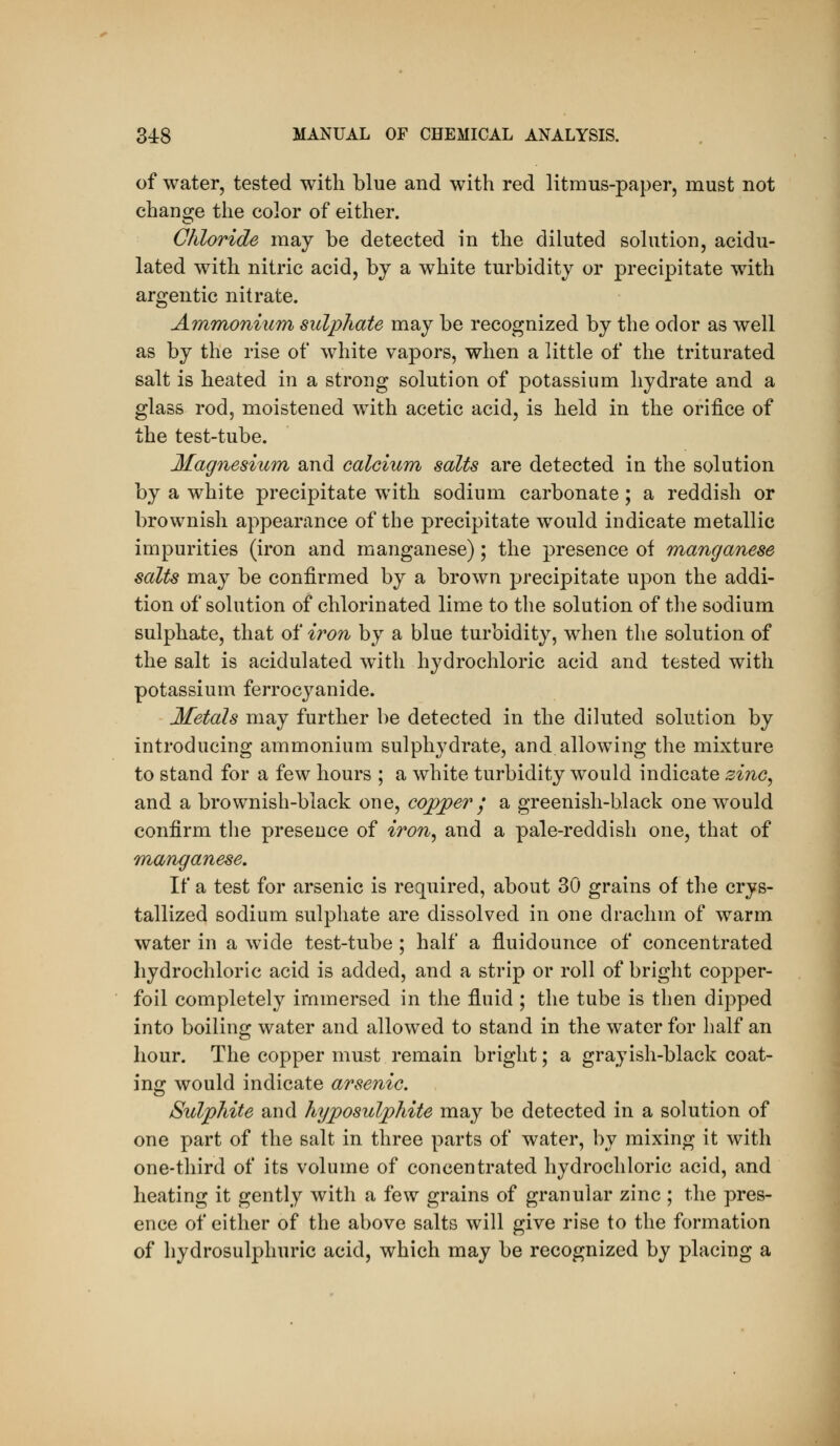 of water, tested with blue and with red litmus-paper, must not change the color of either. Chloride may be detected in the diluted solution, acidu- lated with nitric acid, by a white turbidity or precipitate with argentic nitrate. Ammonium sulphate may be recognized by the odor as well as by the rise of white vapors, when a little of the triturated salt is heated in a strong solution of potassium hydrate and a glass rod, moistened with acetic acid, is held in the orifice of the test-tube. Magnesium and calcium; salts are detected in the solution by a white precipitate with sodium carbonate ; a reddish or brownish appearance of tlie precipitate would indicate metallic impurities (iron and manganese); the presence of manganese salts may be confirmed by a brown precipitate upon the addi- tion of solution of chlorinated lime to the solution of the sodium sulphate, that of iron by a blue turbidity, when the solution of the salt is acidulated with hydrochloric acid and tested with potassium ferrocyanide. Metals may further be detected in the diluted solution by introducing ammonium sulphydrate, and allowing the mixture to stand for a few hours ; a white turbidity would indicate 2inc^ and a brownish-black one, cojpjper j a greenish-hlack one would confirm the presence of iron^ and a pale-reddish one, that of m^anganese. If a test for arsenic is required, about 30 grains of the crys- tallized sodium sulphate are dissolved in one drachm of warm water in a wide test-tube ; half a fluidounce of concentrated hydrochloric acid is added, and a strip or roll of bright copper- foil completely immersed in the fluid ; the tube is then dipped into boiling water and allowed to stand in the water for half an hour. The copper must remain bright; a grayish-black coat- ing would indicate arsenic. Sulphite and hyposulphite may be detected in a solution of one part of the salt in three parts of water, by mixing it with one-third of its volume of concentrated hydrochloric acid, and heating it gently with a few grains of granular zinc ; the pres- ence of either of the above salts will give rise to the formation of hydrosulphuric acid, which may be recognized by placing a