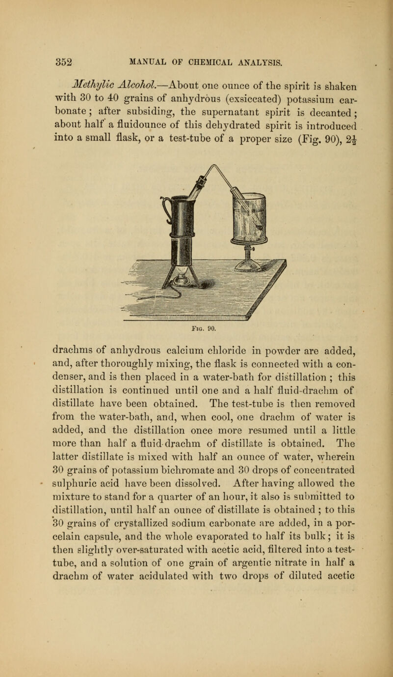Methylic Alcohol.—About one ounce of the spirit is shaken with 30 to 40 grains of anhydrous (exsiccated) potassium car- bonate ; after subsiding, the supernatant spirit is decanted ; about half a fluidounce of this dehydrated spirit is introduced into a small flask, or a test-tube of a proper size (Fig. 90), 2^ Fig. 90. drachms of anhydrous calcium chloride in powder are added, and, after thoroughly mixing, the flask is connected with a con- denser, and is then placed in a water-bath for distillation ; this distillation is continued until one and a half fluid-drachm of distillate have been obtained. The test-tube is then removed from the water-bath, and, when cool, one drachm of water is added, and the distillation once more resumed until a little more than half a fluid drachm of distillate is obtained. The latter distillate is mixed with half an ounce of water, wherein 30 grains of potassium bichromate and 30 drops of concentrated sulphuric acid have been dissolved. After having allowed the mixture to stand for a quarter of an hour, it also is submitted to distillation, until half an ounce of distillate is obtained ; to this 30 grains of crystallized sodium carbonate are added, in a por- celain capsule, and the whole evaporated to half its bulk; it is then slightly over-saturated with acetic acid, filtered into a test- tube, and a solution of one grain of argentic nitrate in half a drachm of water acidulated with two drops of diluted acetic