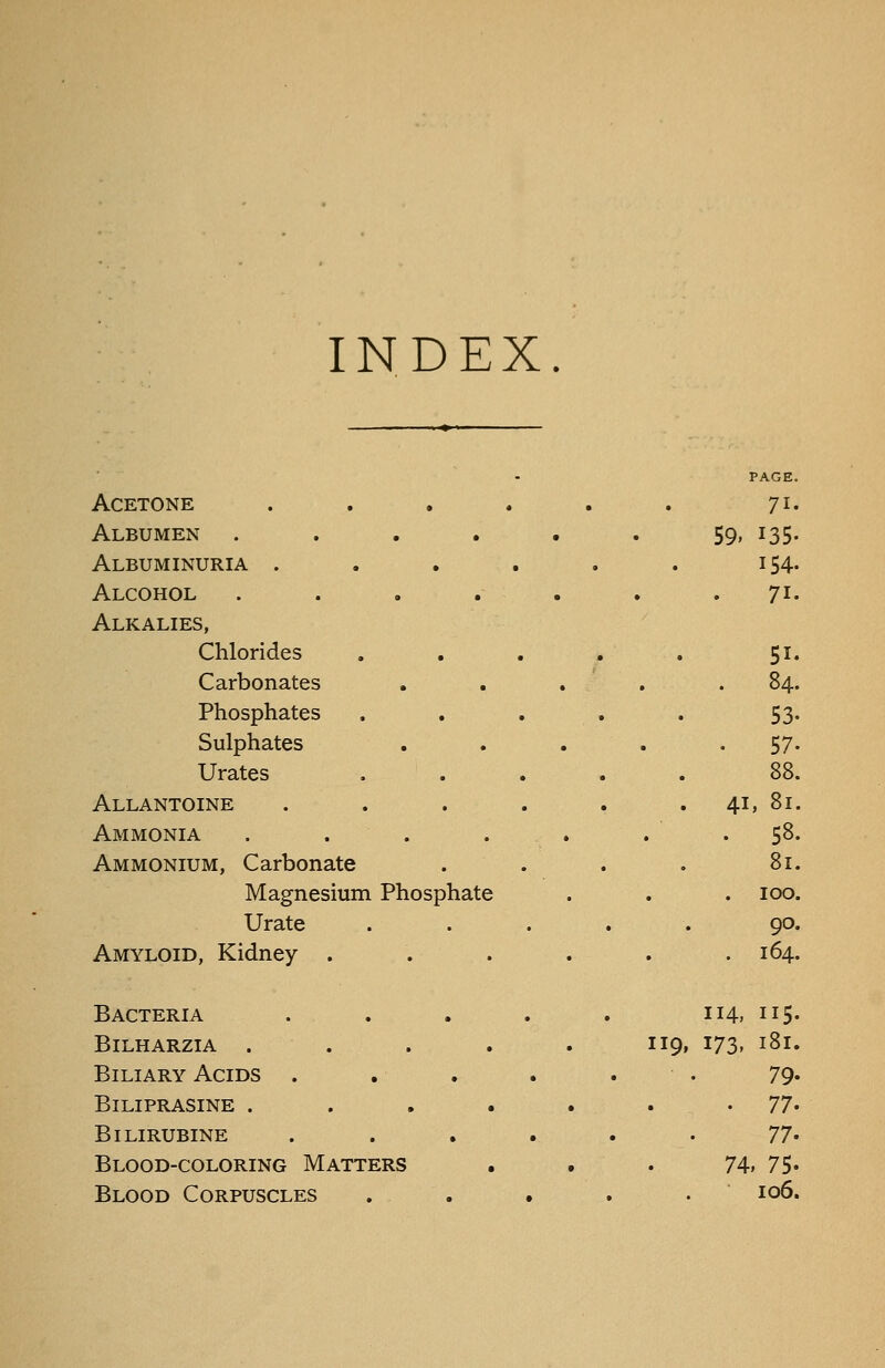 INDEX PAGE. Acetone , « 71. Albumen • • • 59. 135. Albuminuria . , , 154. Alcohol 0 • • 71. Alkalies, Chlorides , , 51. Carbonates • « . ' . . 84. Phosphates . 53. Sulphates . . 57. Urates . 88. Allantoine . . 41, 81. Ammonia • .58. Ammonium, Carbonate . 81. Magnesium Phosphate . 100. Urate , 90. Amyloid, Kidney . • . 164. Bacteria . 114, 115. BiLHARZIA . , 119, 173, 181. Biliary Acids . , . 79. Biliprasine . . . n- Bilirubine . • 77. Blood-coloring Matters 7\, 75. Blood Corpuscles • • 106.