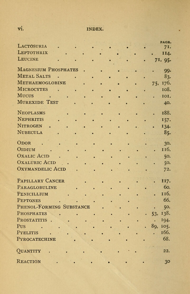 Lactosuria PAGR. Leptothrix , , . 114. Leucine . . 71. 95. Magnesium Phosphates . 99. Metal Salts 83. Methaemoglobine 75. ^1^- MiCROCYTES 108. Mucus . lOI. MuREXiDE Test 40. Neoplasms . 188. Nephritis 157. Nitrogen . 134. Nubecula 85. Odor . . 30. OlDIUM . 116. Oxalic Acid 50. OxALURic Acid . . . 50. OXYMANDELIC AciD . . 72. Papillary Cancer . 117. Paraglobuline 60. Penicillium . 116. Peptones (^. Phenol-Forming Substance . 50. Phosphates . . . 53, 138. Prostatitis . , . 194. Pus . . 89, 105. Pyelitis • • . 166. Pyrocatechine • • • 68. Quantity . 22. Reaction • » • 30