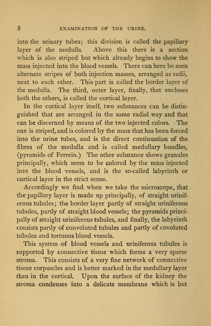 into the urinary tubes; this division is called the papillary- layer of the medulla. Above this there is a section which is also striped but which already begins to show the mass injected into the blood vessels. There can here be seen alternate stripes of both injection masses, arranged as radii, next to each other. This part is called the border layer of the medulla. The third, outer layer, finally, that encloses both the others, is called the cortical layer. In the cortical layer itself, two substances can be distin- guished that are arranged in the same radial way and that can be discerned by means of the two injected colors. The one is striped, and is colored by the mass that has been forced into the urine tubes, and is the direct continuation of the fibres of the medulla and is called medullary bundles, (pyramids of Ferrein.) The other substance shows granules principally, which seem to be colored by the mass injected into the blood vessels, and is the so-called labyrinth or cortical layer in the strict sense. Accordingly we find when we take the microscope, that the papillary layer is made up principally, of straight urinif- erous tubules; the border layer partly of straight uriniferous tubules, partly of straight blood vessels; the pyramids princi- pally of straight uriniferous tubules, and finally, the labyrinth consists partly of convoluted tubules and partly of covoluted tubules and tortuous blood vessels. This system of blood vessels and uriniferous tubules is supported by connective tissue which forms a very sparse stroma. This consists of a very fine network of connective tissue corpuscles and is better marked in the medullary layer than in the cortical. Upon the surface of the kidney the stroma condenses into a delicate membrane which is but