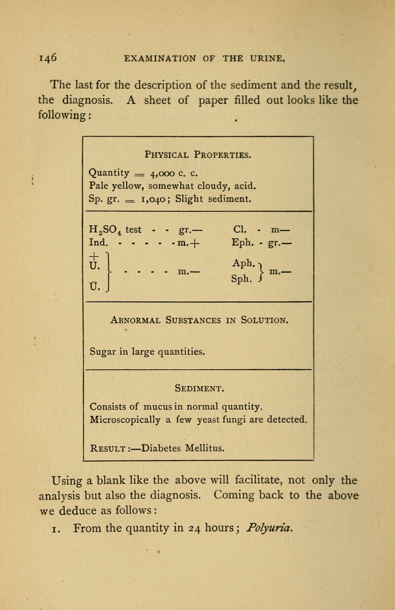 The last for the description of the sediment and the result, the diagnosis. A sheet of paper filled out looks like the following: Physical Properties. Quantity = 4,000 c. c. Pale yellow, somewhat cloudy, acid. Sp. gr. =^ 1,040; Slight sediment. H2SO4 test Ind. . - gr.— m.+ U. CI. Eph. Aph. Sph. gr-- }..- Abnormal Substances in Solution. Sugar in large quantities. Sediment. Consists of mucus in normal quantity. Microscopically a few yeast fungi are detected. Result :—Diabetes Mellitus. Using a blank like the above will facilitate, not only the analysis but also the diagnosis. Coming back to the above we deduce as follows: I. From the quantity in 24 hours; Polyuria.