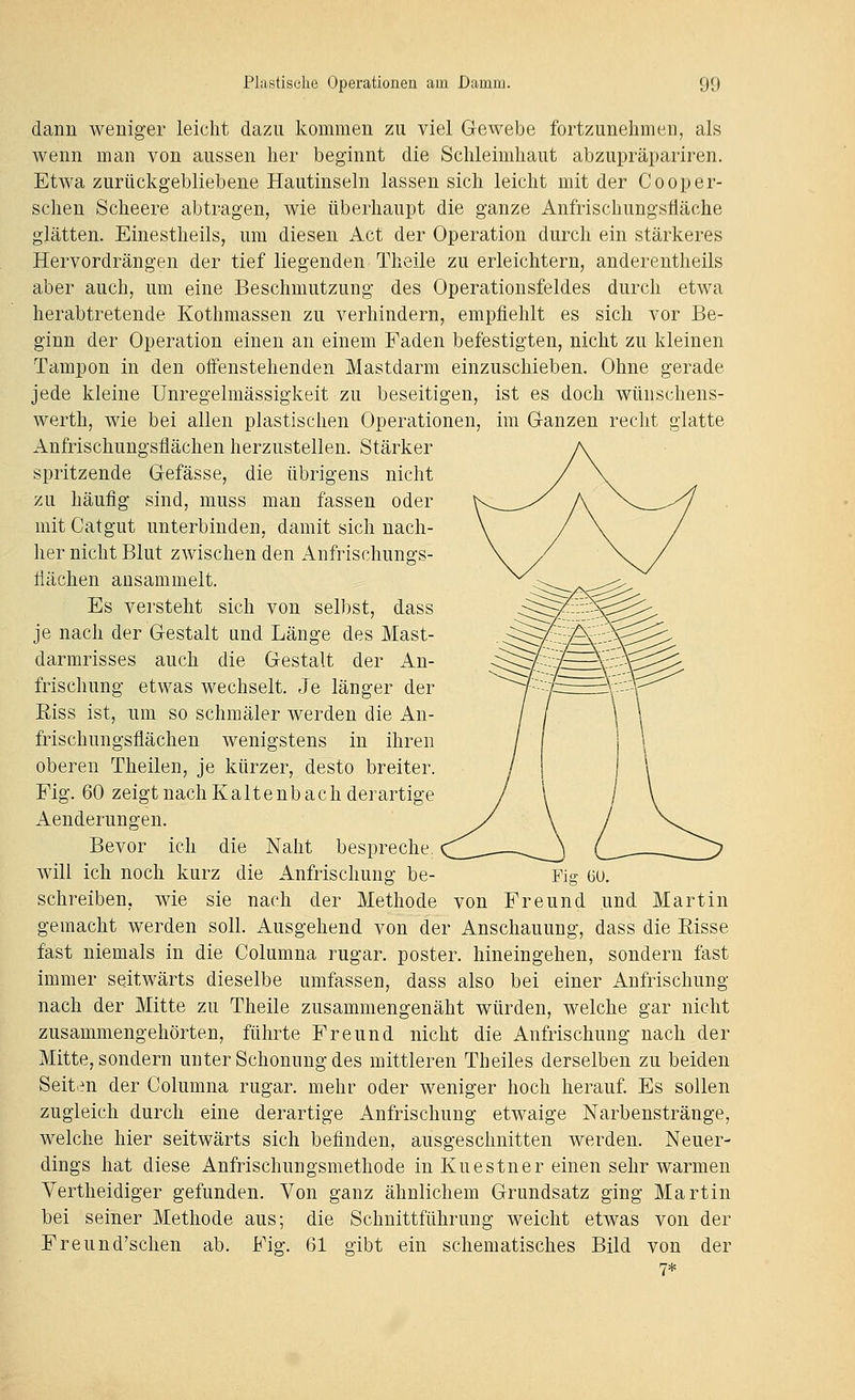 dann weniger leicht dazu kommen zu viel Gewebe fortzunehmen, als wenn man von aussen her beginnt die Schleimhaut abzupräpariren. Etwa zurückgebliebene Hautinseln lassen sich leicht mit der Cooper- sehen Scheere abtragen, wie überhaupt die ganze Anfrisclmngslläche glätten. Einestheils, um diesen Act der Operation durch ein stärkeres Hervordrängen der tief liegenden Theile zu erleichtern, anderentheils aber auch, um eine Beschmutzung des Operationsfeldes durch etwa herabtretende Kothmassen zu verhindern, empfiehlt es sich vor Be- ginn der Operation einen an einem Faden befestigten, nicht zu kleinen Tampon in den offenstehenden Mastdarm einzuschieben. Ohne gerade jede kleine Unregelmässigkeit zu beseitigen, ist es doch wünschens- werth, wie bei allen plastischen Operationen, im G-anzen recht glatte Anfrischungsflächen herzustellen. Stärker spritzende Gefässe, die übrigens nicht zu häufig sind, muss man fassen oder mit Catgut unterbinden, damit sich nach- her nicht Blut zwischen den Anfrischungs- tiächen ansammelt. Es versteht sich von selbst, dass je nach der Gestalt und Länge des Mast- darmrisses auch die Gestalt der An- frischung etwas wechselt. Je länger der Eiss ist, um so schmäler werden die An- frischungsflächen wenigstens in ihren oberen Theilen, je kürzer, desto breiter. Fig. 60 zeigt nach Kaltenb ach derartige Aenderungen. Bevor ich die Naht bespreche, will ich noch kurz die Anfrischung be- Pig 6U. schreiben, wie sie nach der Methode von Freund und Martin gemacht werden soll. Ausgehend von der Anschauung, dass die Eisse fast niemals in die Columna rugar. poster. hineingehen, sondern fast immer seitwärts dieselbe umfassen, dass also bei einer Anfrischung nach der Mitte zu Theile zusammengenäht würden, welche gar nicht zusammengehörten, führte Freund nicht die Anfrischung nach der Mitte, sondern unter Schonung des mittleren Theiles derselben zu beiden Seiten der Columna rugar. mehr oder weniger hoch herauf Es sollen zugleich durch eine derartige Anfrischung etwaige Narbenstränge, welche hier seitwärts sich befinden, ausgeschnitten werden. Neuer- dings hat diese Anfrischungsmethode in Kuestner einen sehr warmen Yertheidiger gefunden. Von ganz ähnlichem Grundsatz ging Martin bei seiner Methode aus; die Schnittführung weicht etwas von der Freund'schen ab. Fig. 61 gibt ein schematisches Bild von der 7*