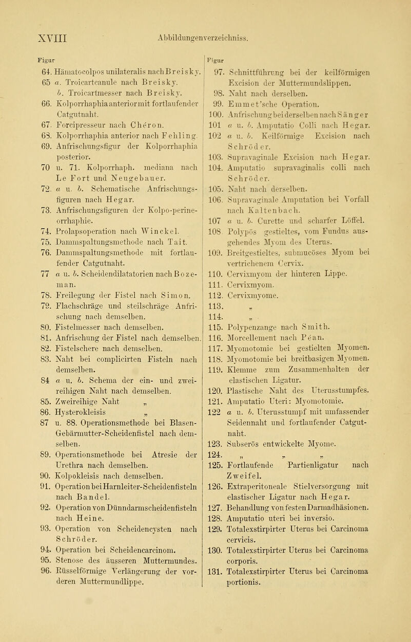 Figur 64. Hämatocolpos unilateralis nachBreisky. 65 a. Troicartcanule nach Breisky. b. Troicartmesser nach Breisky. 66. Kolporrhaphia anterior mit fortlaufender Catgutnaht. 67. Forcipresseur nach Cheron. 63. Kolporrhaphia anterior nach Fehling. 69. Anfrischungsfigur der Kolporrhaphia posterior. 70 u. 71. Kolporrhaph. mediana nach Le Fort und Neugebauer. 72. a u. b. Schematische Anfrischungs- figuren nach Hegar. 73. Anfrischungsfiguren der Kolpo-perine- orrhaphie. 74. Prolapsoperation nach Win ekel. 75. Dammspaltungsmethode nach Tait. 76. Dammspaltungsmethode mit fortlau- fender Catgutnaht. 77 a u. b. Scheidendilatatorien nach Boze- man. 78. Freilegung der Fistel nach Simon. 79. Flachschräge und steilschräge Anfri- schung nach demselben. 80. Fistelmesser nach demselben. 81. Anfrischung der Fistel nach demselben. 82. Fistelschere nach demselben. 83. Naht bei complicirten Fisteln nach demselben. 84 a u. b. Schema der ein- und zwei- reihigen Naht nach demselben. 85. Zweireihige Naht „ 86. Hysterokleisis „ 87 u. 88. Operationsmethode bei Blasen- Gebärmutter-Scheidenfistel nach dem- selben. 89. Operationsmethode bei Atresie der Urethra nach demselben. 90. Kolpokleisis nach demselben. 91. OperationbeiHarnleiter-Scheidenfisteln nach Bändel. 92. Operation von Dünndarmseheidenfisteln nach Heine. 93. Operation von Scheidencysten nach Schröder. 9-4. Operation bei Scheidencarcinom. 95. Stenose des äusseren Muttermundes. 96. Büsselförmige Verlängerung der vor- deren Muttermundlippe. Figur 97. 98. 99. 100. 101 102 103. 104. 105. 106. 107 108. 109. 110. 111. 112. 113. 114. 115. 116. 117. 118. 119. 120. 121. 122 Schnittführung bei der keilförmigen Excision der Muttermundslippen. Naht nach derselben. E mm et'sehe Operation. Anfrischung bei derselben nach Sänger a u. b. Amputatio Colli nach Hegai\ a u. b. Keilförmige Excision nach S c hr ö d e r. Supravaginale Excision nach Hegar. Amputatio supravaginalis colli nach Schröder. Naht nach derselben. Supravaginale Amputation bei Vorfall nach Kaltenbach. a u. b- Curette und scharfer Löffel. Polypös gestieltes, vom Fundus aus- gehendes Myom des Uterus. Breitgestieltes, submueöses Myom bei vertriebenem Cervix. Cervixmyom der hinteren Lippe. Cervixmyom. Cervixmvome. Polypenzange nach Smith. Morcellement nach Pean. Myomotomie bei gestielten Myomen. Myomotomie bei breitbasigen Myomen. Klemme zum Zusammenhalten der elastischen Ligatur. Plastische Naht des Uterusstumpfes. Amputatio Uteri: Myomotomie. a u. b. Uterusstumpf mit umfassender Seidennaht und fortlaufender Catgut- naht. 123. Subserös entwickelte Myome. 124. „ 125. Fortlaufende Partienligatur nach Zweifel. 126. Extraperitoneale Stielversorgung mit elastischer Ligatur nach Hegar. 127. Behandlung von festen Darmadhäsionen. 128. Amputatio uteri bei inversio. 129. Totalexstirpirter Uterus bei Carcinoma cervicis. 130. Totalexstirpirter Uterus bei Carcinoma corporis. 131. Totalexstirpirter Uterus bei Carcinoma portionis.