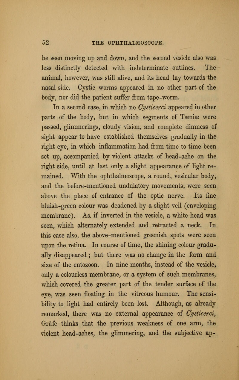 be seen moving up and down, and the second vesicle also was less distinctly detected with indeterminate outlines. The animal, however, was still alive, and its head lay towards the nasal side. Cystic worms appeared in no other part of the body, nor did the patient suffer from tape-worm. In a second case, in which no Cysticerci appeared in other parts of the body, but in which segments of Taeniae were passed, glimmerings, cloudy vision, and complete dimness of sight appear to have established themselves gradually in the right eye, in which inflammation had from time to time been set up, accompanied by violent attacks of head-ache on the right side, until at last only a slight appearance of light re- mained. With the ophthalmoscope, a round, vesicular body, and the before-mentioned undulatory movements, were seen above the place of entrance of the optic nerve. Its fine bluish-green colour was deadened by a slight veil (enveloping membrane). As. if inverted in the vesicle, a white head was seen, which alternately extended and retracted a neck. In this case also, the above-mentioned greenish spots were seen upon the retina. In course of time, the shining colour gradu- ally disappeared ; but there was no change in the form and size of the entozoon. In nine months, instead of the vesicle, only a colourless membrane, or a system of such membranes, which covered the greater part of the tender surface of the eye, was seen floating in the vitreous humour. The sensi- bility to light had entirely been lost. Although, as already remarked, there was no external appearance of Cysticerci, Grafe thinks that the previous weakness of one arm, the violent head-aches, the glimmering, and the subjective ap-