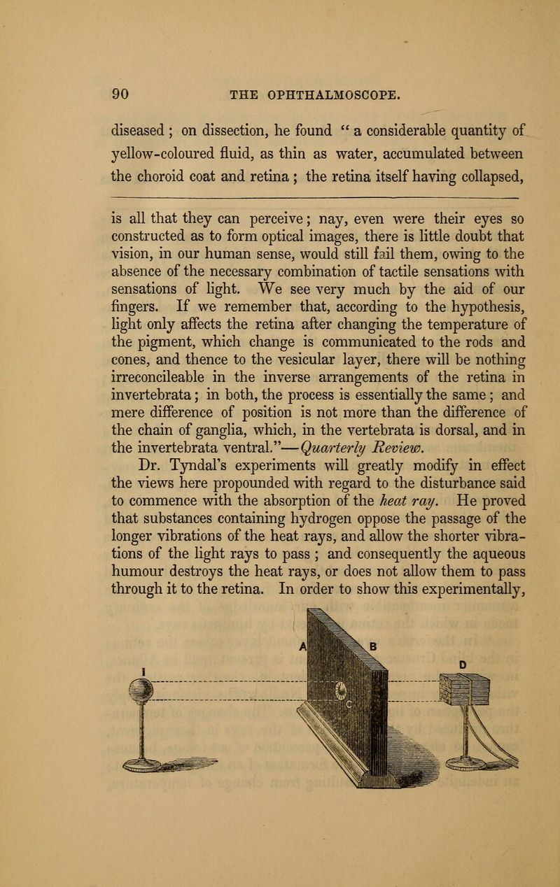diseased ; on dissection, he found  a considerable quantity of yellow-coloured fluid, as thin as water, accumulated between the choroid coat and retina ; the retina itself having collapsed, is all that they can perceive; nay, even were their eyes so constructed as to form optical images, there is little doubt that vision, in our human sense, would still fail them, owing to the absence of the necessary combination of tactile sensations with sensations of light. We see very much by the aid of our fingers. If we remember that, according to the hypothesis, light only affects the retina after changing the temperature of the pigment, which change is communicated to the rods and cones, and thence to the vesicular layer, there will be nothing irreconcileable in the inverse arrangements of the retina in invertebrata; in both, the process is essentially the same; and mere difference of position is not more than the difference of the chain of ganglia, which, in the vertebrata is dorsal, and in the invertebrata ventral.—Quarterly Review. Dr. Tyndal's experiments will greatly modify in effect the views here propounded with regard to the disturbance said to commence with the absorption of the heat ray. He proved that substances containing hydrogen oppose the passage of the longer vibrations of the heat rays, and allow the shorter vibra- tions of the light rays to pass ; and consequently the aqueous humour destroys the heat rays, or does not allow them to pass through it to the retina. In order to show this experimentally,