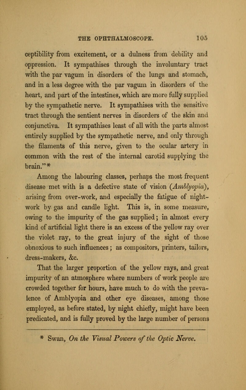 ceptibility from excitement, or a dulness from debility and oppression. It sympathises through the involuntary tract with the par vagum in disorders of the lungs and stomach, and in a less degree with the par vagum in disorders of the heart, and part of the intestines, which are more fully supplied by the sympathetic nerve. It sympathises with the sensitive tract through the sentient nerves in disorders of the skin and conjunctiva. It sympathises least of all with the parts almost entirely supplied by the sympathetic nerve, and only through the filaments of this nerve, given to the ocular artery in common with the rest of the internal carotid supplying the brain.* Among the labouring classes, perhaps the most frequent disease met with is a defective state of vision (Amblyopia), arising from over-work, and especially the fatigue of night- work by gas and candle light. This is, in some measure, owing to the impurity of the gas supplied; in almost every kind of artificial light there is an excess of the yellow ray over the violet ray, to the great injury of the sight of those obnoxious to such influences; as compositors, printers, tailors, dress-makers, &c. That the larger proportion of the yellow rays, and great impurity of an atmosphere where numbers of work people are crowded together for hours, have much to do with the preva- lence of Amblyopia and other eye diseases, among those employed, as before stated, by night chiefly, might have been predicated, and is fully proved by the large number of persons * Swan, On the Visual Powers of the Optic Nerve.