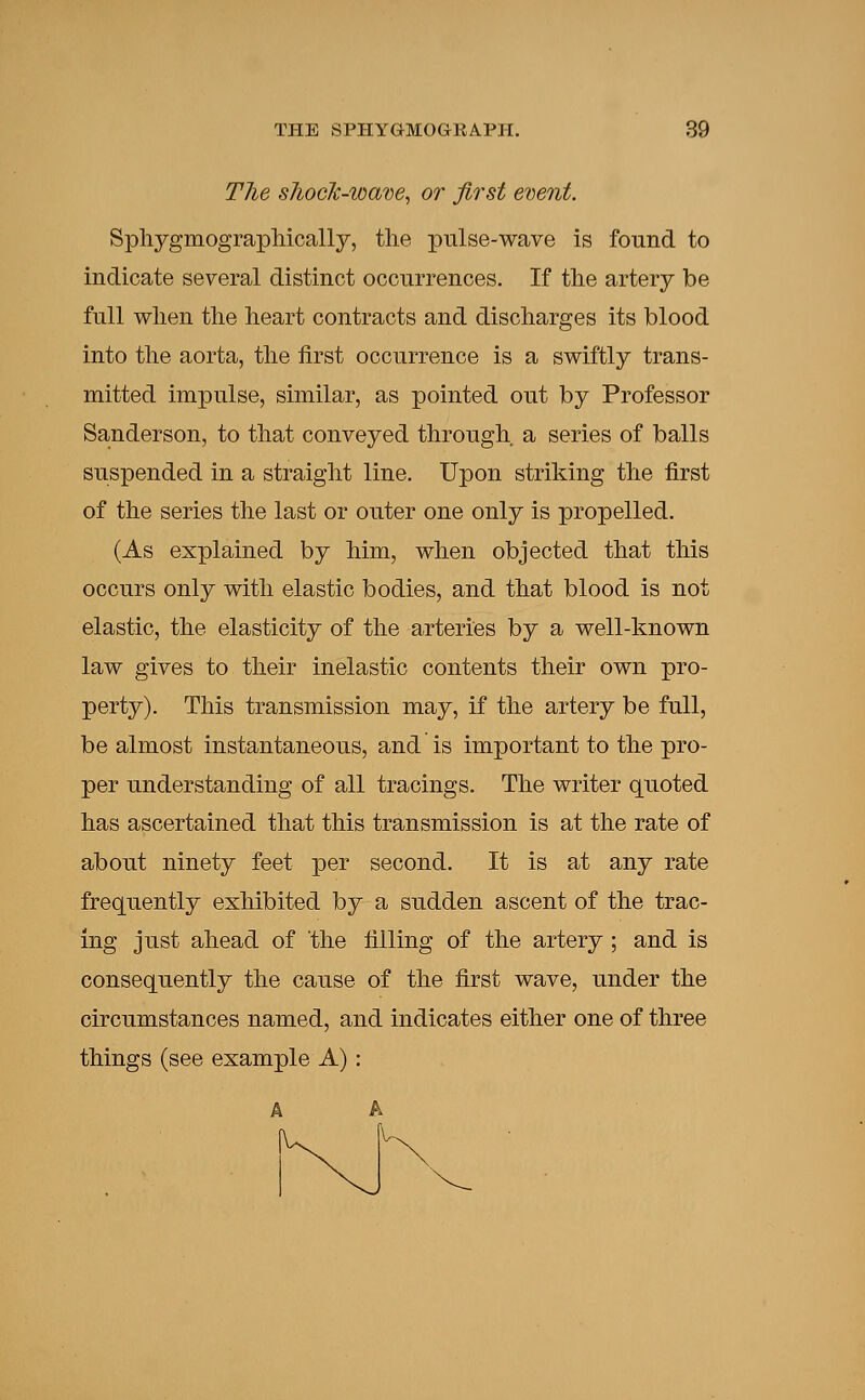 The shock-wave, or first event. Sphygmographically, the pulse-wave is found to indicate several distinct occurrences. If the artery be full when the heart contracts and discharges its blood into the aorta, the first occurrence is a swiftly trans- mitted impulse, similar, as pointed out by Professor Sanderson, to that conveyed through a series of balls suspended in a straight line. Upon striking the first of the series the last or outer one only is propelled. (As explained by him, when objected that this occurs only with elastic bodies, and that blood is not elastic, the elasticity of the arteries by a well-known law gives to their inelastic contents their own pro- perty). This transmission may, if the artery be full, be almost instantaneous, and is important to the pro- per understanding of all tracings. The writer quoted has ascertained that this transmission is at the rate of about ninety feet per second. It is at any rate frequently exhibited by a sudden ascent of the trac- ing just ahead of the filling of the artery ; and is consequently the cause of the first wave, under the circumstances named, and indicates either one of three things (see example A) :