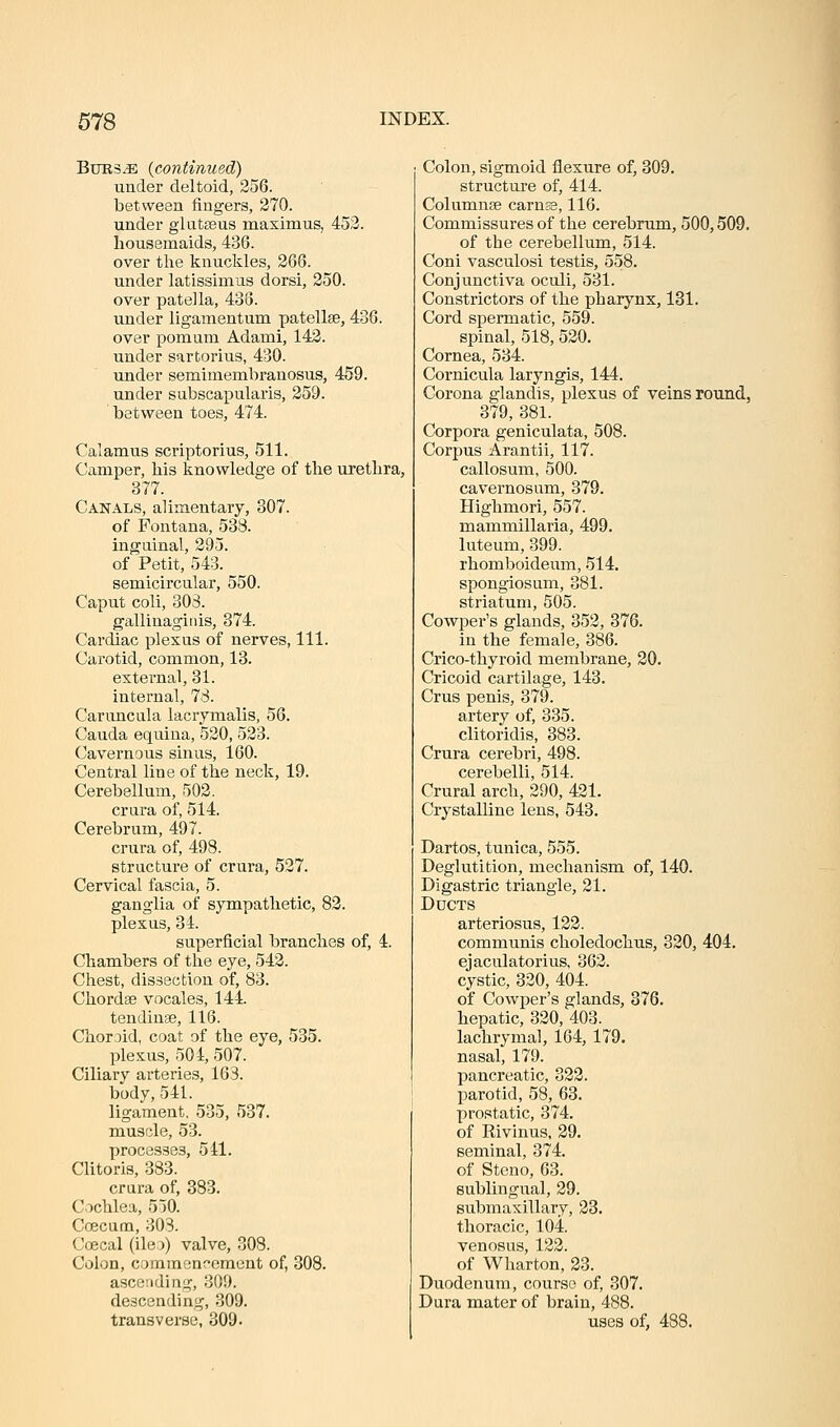 BuR3^ {continued) under deltoid, 256. between fingers, 270. under gluteus maximus, 453. housemaids, 436. over the knuckles, 266. under latissimus dorsi, 250. over patella, 438. under ligamentum patellse, 436. over pomum Adami, 142. under sartorius, 430. under semimembranosus, 459. under sabscapularis, 259. between toes, 474. Calamus scriptorius, 511. Camper, his knowledge of the urethra, 377. Canals, alimentary, 307. of Fontana, 538. inguinal, 295. of Petit, 543. semicircular, 550. Caput coli, 303. gallinagifiis, 374. Cardiac plexus of nerves, 111. Carotid, common, 13. external, 31. internal, 78. Caruncula lacrymalis, 56. Cauda equina, 520, 523. Cavernous sinus, 160. Central line of the neck, 19. Cerebellum, 502. crara of, 514. Cerebrum, 497. crura of, 498. structure of crura, 527. Cervical fascia, 5. ganglia of sympathetic, 82. plexus, 34. superficial branches of, 4. Chambers of the eye, 542. Chest, dissection of, 83. Chordae vocales, 144. tendiuse, 116. Choroid, coat of the eye, 535. plexus, 504, 507. Ciliary arteries, 163. body, 541. ligament, 535, 537. muscle, 53. processes, 541. Clitoris, 383. crara of, 383. Cochlea, 550. Coecam, 303. Coecal (ileo) valve, 308. Colon, coramenoeraent of, 308. ascending, 309. descending, 309. transverse, 309. Colon, sigmoid flexure of, 309. structure of, 414. Columnse carns3,116. Commissures of the cerebrum, 500,509. of the cerebellum, 514. Coni vasculosi testis, 558. Conjunctiva oculi, 531. Constrictors of the pharynx, 131. Cord spermatic, 559. spinal, 518,520. Cornea, 534. Cornicula laryngis, 144. Corona glandis, plexus of veins round, 379, 381. Corpora geniculata, 508. Corpus Arantii, 117. callosum, 500. cavernosum, 379. Highmori, 557. mammillaria, 499. luteum, 399. rhomboideum, 514. spongiosum, 381. striatum, 505. Cowper's glands, 352, 376. in the female, 386. Crico-thyroid membrane, 20. Cricoid cartilage, 143. Crus penis, 379. artery of, 335. clitoridis, 383. Crura cerebri, 498. cerebelli, 514. Crural arch, 290, 421. Crystalline lens, 543. Dartos, tunica, 555. Deglutition, mechanism of, 140. Digastric triangle, 21. Ducts arteriosus, 122. communis choledochus, 320, 404. ejaculatorius, 362. cystic, 320, 404. of Cowper's glands, 376. hepatic, 320, 403. lachrymal, 164, 179. nasal, 179. pancreatic, 322. parotid, 58, 63. prostatic, 374. of Rivinus, 29. seminal, 374. of Steno, 63. sublingual, 29. submaxillary, 23. thoracic, 104. venosus, 122. of Wharton, 23. Duodenum, course of, 307. Dura mater of brain, 488. uses of, 488.