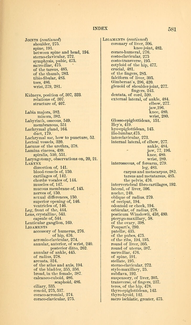 Joints (continued) shoulder, 375. spine, 191. between spine and liead, 194. sterno-clavicular, 272. symphysis, pubic, 475. sacro-iliac, 475. of the tarsus, 485. of the thumb, 283. tibio-fibular, 483. toes, 486. wrist, 279, 281. Kidneys, position of, 307, 833. relations of, 307. structure of, 407. Labia majora, 383. minora, 382. Labyrinth, osseous, 549. membranous, 551 Lachrymal gland, 164. duct, 179. Lachrymal sac, how to puncture, 53. Lecteal vessels, 330. Lacunae of the urethra, 378. Lamina clnerea, 499. spiralis, 550, 551. Laryngotomy, observations on, 30, 31. Larynx dissection of, 141. blood-vessels of, 150. cartilages of, 143. chordae vocales of, 144. m.uscles of, 147. mucous membrane of, 145. nerves of, 150. sexual differences, 150. superior opening of, 146. ventricles of, 146. Leg, front of the, 444. Lens, crystalline, 543. capsule of, 544. Lenticular ganglion, 169. Ligaments accessory of humerus, 376. of hip, 476. acromio-clavicular, 374. annular, anterior, of wrist, 340. posterior ditto, 363. annular of ankle, 445. of radius, 378. arcuata, 334. of the atlas and axis, 194. of the bladder, 355, 356. broad, in the female, 387. calcaneo-cuboid, 486. scaphoid, 486. ciliary, 535. conoid, 375, 537. coraco-acromial, 374. coraco-clavicular, 375. Ligaments (continued) coronary of liver, 306. knee-joint, 488. coraco-humeral, 276. costo-clavicular, 375 costo-transverse, 195. cotyloid of the hip, 477. crucial, 481. of the fingers, 385. falciform of liver, 305. Gimbernat's, 396, 430. glenoid of shoulder-joint, 377. fingers, 343. dentata, of cord, 530. external lateral, of ankle, 484. elbow, 377. jaw,196. knee, 480. wrist, 380. Glosso-epiglottidean, 151. Hey's, 419. hyo-epiglottidean, 145. ilio-lumbar,475. interclavicular, 373. internal lateral, of elbow, 377. ankle, 484. jaw, 77, 196. knee, 480. wrist, 389. interosseous, of forearm, 379. leg, 483. carpus and metacarpus, 383. tarsus and metatarsus, 485. the pelvis, 476. intervertebral fibro-cartilages, 193. lateral, of liver, 306. nuchas, 349. oblique of radius, 379. of occiput, 194. odontoid or check, 194. orbicular, of radius, 378. posticum Winslowii, 458, 480. pterygo-maxillary, 58. of the ovary, 398. Poupart's, 390. patellae, 435. of the pubes, 475. of the ribs, 194,195. round of liver, 305. round of uterus, 387. sacro-iliac, 476. of spine, 191. stellate, 195. sterno-clavicular, 373. stylo-maxillary, 35. subflava, 193. suspensory, of liver, 305. transverse, of fingers, 337. teres, of the hip, 478. thyro-epiglottidean, 143. thyro-hyoid, 143. sacro ischiatic, greater, 475.