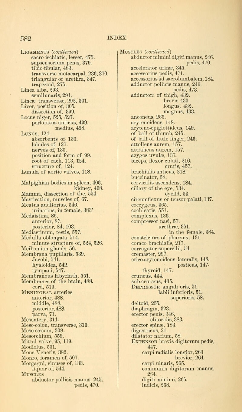 Ligaments (continuecl) sacro ischiatic, lesser, 475. eupsensorium penis, 379. tibio-fibular, 483. transverse metacarpal, 236,270. triangular of urethja, 347. trapezoid, 275. Linea alba, 293. semilunaris, 291. LinesB transversse, 292, 501. Liver, position of, 305. dissection of, 399. Locus niger, 525, 527. perforatus anticus, 499. medius, 498. LtTNGS, 124. absorbents of, 130. lobules of, 127. nerves of, 130. position and form of, 99. root of each, 113, 124. structure of, 124. Lunula of aortic valves, 118. Malpighian bodies in spleen, 406. kidney, 408. Mamma, dissection of the, 554. Mastication, muscles of, 67. Meatus auditorius, 546. urinarius, in female, 383' Medaistina, 86. anterior, 87. posterior, 84, 103. Mediastinum, testis, 557. Medulla oblongata, 514. minute structure of, 524,526. Meibomian glands, 56. Membrana pupillaris, 539. Jacobi, 541. hyaloidea, 542. tympani, 547. Membranous labyrinth, 551. Membranes of the brain, 488. cord, 519. Meningeal arteries anterior, 488. middle, 488. posterior, 488. parva, 71. Mesentery, 311. Meso-colon, transverse, 310. Meso-csecum, 308. Mesorcliium, 559. Mitral valve, 95, 119. Modiolus, 551. Mons Veneris, 382. Monro, foramen of, 507. Morgagni, siniises of, 133. liquor of, 544. Muscles abductor pollicis manus, 245. pedis, 470. Muscles (continued) abductor mimini digiti manus, 246. pedis, 470. accelerator urinae, 345. accessorius pedis, 471. accessorius ad sacrolumbalem, 184 adductor j)ollicis manus, 246, pedis, 473. adductors of thigh, 432. brevis 433. longus, 432. magnus, 433. anconeus, 266. arytenoideus, 148. aryteno-epiglottideus, 149. of ball of thumb, 245. of ball of little finger, 246. attollens aurem, 157. attrahens aurem, 157. azygos uvulse, 137. biceps, flexor cubiti, 216. cruris, 457. brachialis anticus, 218. buccinator, 58. cervicalis ascendens, 184 ciliary of the eye, 534. eyelid, 53. circumflexus or tensor palati, 137. coccygeus, 365. cochlearis, 551. complexus, 186. compressor nasi, 57. urethr£B, 351. in the female, 384 constrictors of pharynx, 131 coraco brachialis, 217. corrugator supercilii, 54. cremaster, 297. crico-arytenoideus lateralis, 148. posticus, 147. thyroid, 147. crurseus, 434. sub-crurseus, 435. Depressor anguli oris, 51. labii inferioris, 51. superioris, 58. deltoid, 255. diaphragm, 323. erector penis, 346, clitoridis, 383. erector spinse, 183. digastricus, 21. dilatator nariuni, 58. Extensor brevis digitorum pedis, 447. carpi radialis longior, 263 brevior, 264 carpi ulnaris, 265. communis digitorum manus, 284 digiti minimi, 265. indicis, 268.