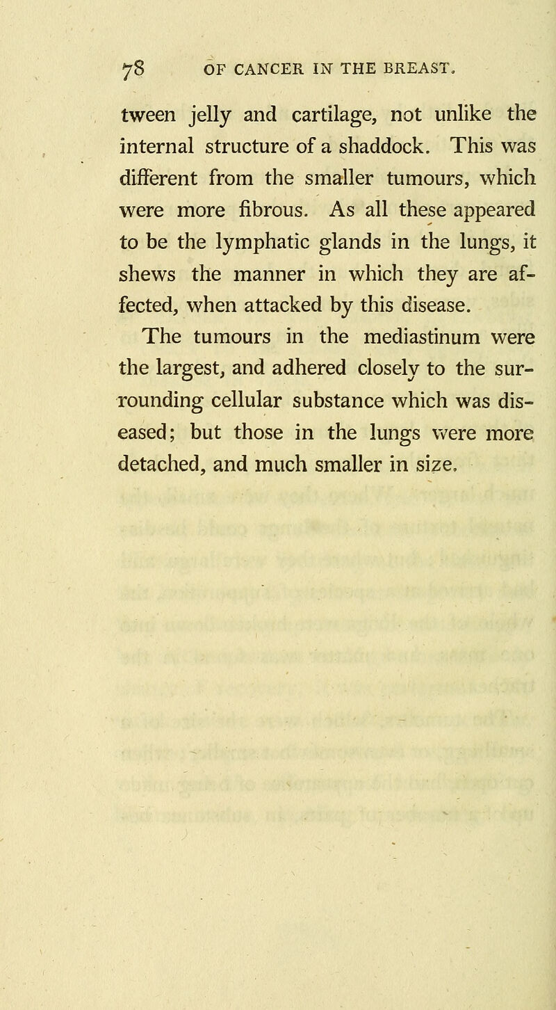 tween jelly and cartilage, not unlike the internal structure of a shaddock. This was different from the smaller tumours, which were more fibrous. As all these appeared to be the lymphatic glands in the lungs, it shews the manner in which they are af- fected, when attacked by this disease. The tumours in the mediastinum were the largest, and adhered closely to the sur- rounding cellular substance which was dis- eased; but those in the lungs were more detached, and much smaller in size.