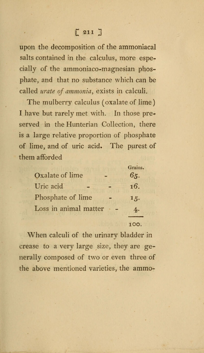 upon the decomposition of the ammoniacal salts contained in the calculus, more espe- cially of the ammoniaco-magnesian phos- phate, and that no substance which can be called urate of ammonia, exists in calculi. The mulberry calculus (oxalate of lime) I have but rarely met with. In those pre- served in the Hunterian Collection, there is a large relative proportion of phosphate of lime, and of uric acid. The purest of them afforded Grains. Oxalate of lime 65. Uric acid 16. Phosphate of lime 15- Loss in animal matter - - 4- 100. When calculi of the urinary bladder in crease to a very large size, they are ge- nerally composed of two or even three of the above mentioned varieties, the ammo-