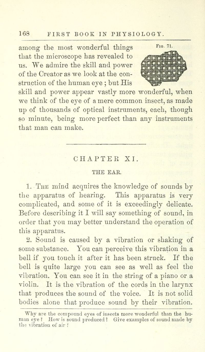 among the most wonderful things FlQ- 7L that the microscope has revealed to us. We admire the skill and power of the Creator as we look at the con- struction of the human eye ; but His skill and power appear vastly more wonderful, when we think of the eye of a mere common insect, as made up of thousands of optical instruments, each, though so minute, being more perfect than any instruments that man can make. CHAPTER XI. THE EAR. 1. The mind acquires the knowledge of sounds by the apparatus of hearing. This apparatus is very complicated, and some of it is exceedingly delicate. Before describing it I will say something of sound, in order that you may better understand the operation of this apparatus. '2. Sound is caused by a vibration or shaking of some substance. You can perceive this vibration in a bell if you touch it after it has been struck. If the bell is quite large you can see as well as feel the vibration. You can see it in the string of a piano or a violin. It is the vibration of the cords in the larynx that produces the sound of the voice. It is not solid bodies alone that produce sound by their vibration. Why are the compound eyes of insects more wonderful than the hu- man eye ? How is sound produced % Give examples of sound made by the vibration of air \