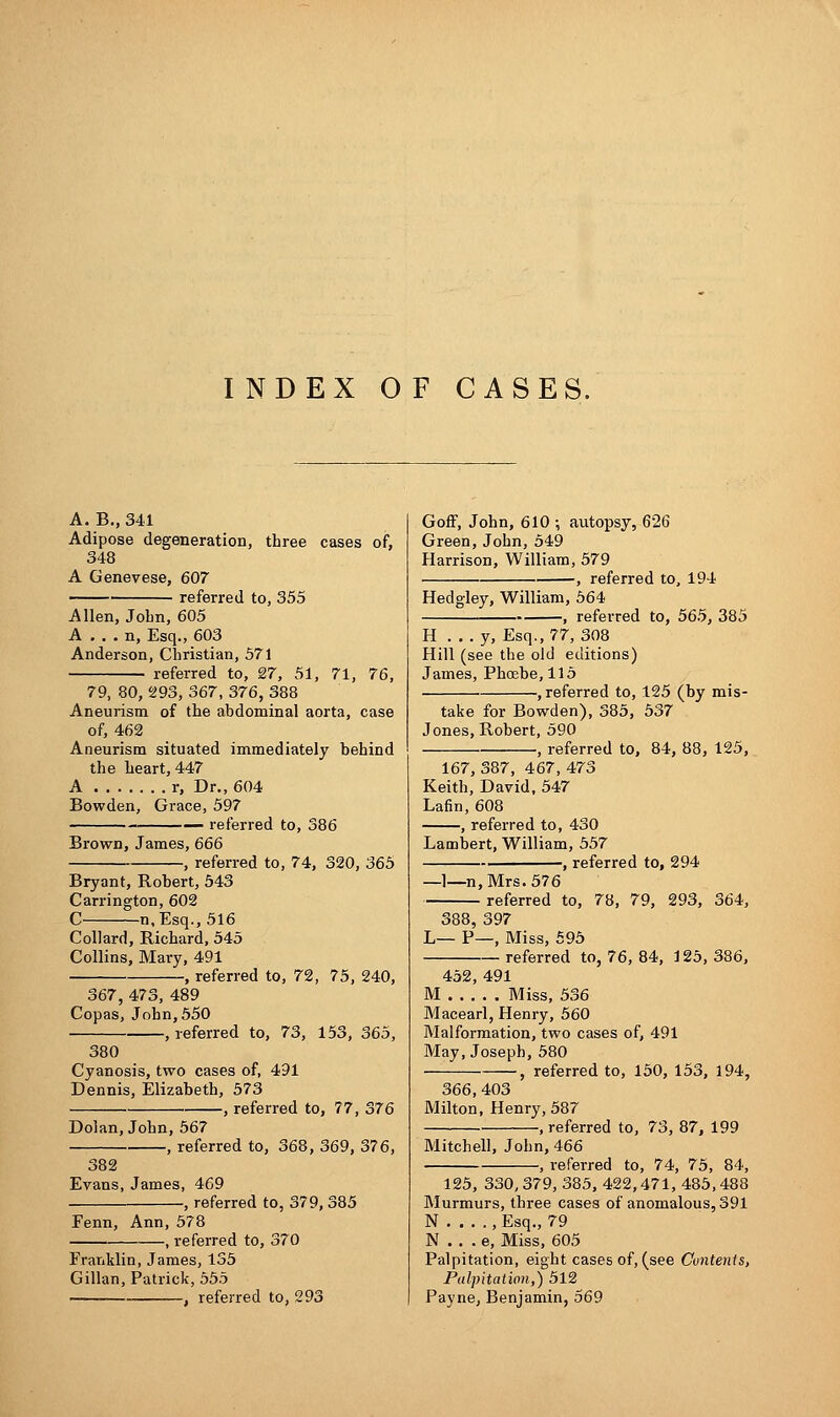 INDEX OF CASES. A. B., 341 Adipose degeneration, three cases of, 348 A Genevese, 607 referred to, 355 Allen, John, 605 A . . . n, Esq., 603 Anderson, Christian, 571 referred to, 27, 51, 71, 76, 79, 80, 293, 367, 376, 388 Aneurism of the abdominal aorta, case of, 462 Aneurism situated immediately behind the heart, 447 A r, Dr., 604 Bowden, Grace, 597 — referred to, 386 Brown, James, 666 , referred to, 74, 320, 365 Bryant, Robert, 543 Carrington, 602 C n, Esq., 516 Collard, Richard, 545 Collins, Mary, 491 , referred to, 72, 75, 240, 367, 473, 489 Copas, John, 550 , referred to, 73, 153, 365, 380 Cyanosis, two cases of, 491 Dennis, Elizabeth, 573 , referred to, 77, 376 Dolan, John, 567 , referred to, 368, 369, 376, 382 Evans, James, 469 , referred to, 379, 385 Fenn, Ann, 578 , referred to, 370 Franklin, James, 135 Gillan, Patrick, 555 , referred to, 293 Goff, John, 610 ; autopsy, 626 Green, John, 549 Harrison, William, 579 , referred to, 194 Hedgley, William, 564 , referred to, 565, 385 H . . . y, Esq., 77, 308 Hill (see the old editions) James, Phoebe, 115 , referred to, 125 (by mis- take for Bowden), 385, 537 Jones, Robert, 590 , referred to, 84, 88, 125, 167, 387, 467, 473 Keith, David, 547 Latin, 608 , referred to, 430 Lambert, William, 557 , referred to, 294 —1—n, Mrs. 576 referred to, 78, 79, 293, 364, 388, 397 L— P—, Miss, 595 referred to, 76, 84, 125, 386, 452, 491 M Miss, 536 Macearl, Henry, 560 Malformation, two cases of, 491 May, Joseph, 580 , referred to, 150, 153, 194, 366,403 Milton, Henry, 587 , referred to, 73, 87, 199 Mitchell, John, 466 , referred to, 74, 75, 84, 125, 330,379, 385, 422,471, 485,488 Murmurs, three cases of anomalous, 391 N . . . ., Esq., 79 N . . . e, Miss, 605 Palpitation, eight cases of, (see Contents, Palpitation,) 512 Payne, Benjamin, 569