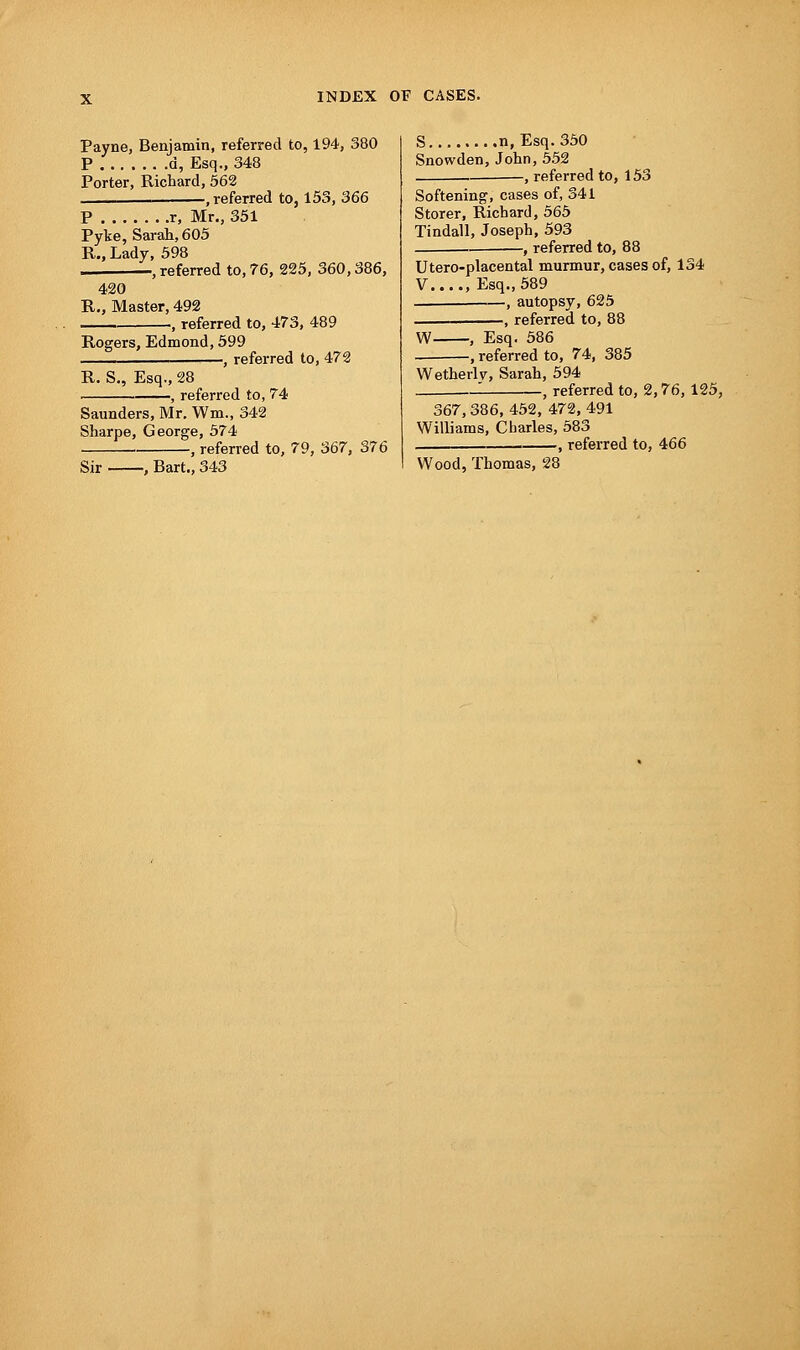 Payne, Benjamin, referred to, 194, 380 P d, Esq., 348 Porter, Richard, 562 .referred to, 153, 366 P r, Mr., 351 Pyke, Sarah, 605 P., Lady, 598 .referred to,76, 225, 360,386, 420 R., Master, 492 , ., referred to, 473, 489 Rogers, Edmond, 599 , referred to, 472 R. S., Esq., 28 , referred to, 74 Saunders, Mr. Wm., 342 Sharpe, George, 574 , referred to, 79, 367, 376 Sir , Bart., 343 S n, Esq. 350 Snowden,John, 552 , referred to, 153 Softening, cases of, 341 Storer, Richard, 565 Tindall, Joseph, 593 , referred to, 88 Utero-placental murmur, cases of, 134 V , Esq., 589 , autopsy, 625 , referred to, 88 W- -, Esq. 586 -, referred to, 74, 385 Wetherlv, Sarah, 594 I , referred to, 2,76, 125, 367, 386, 452, 472, 491 Williams, Charles, 583 , referred to, 466 Wood, Thomas, 28