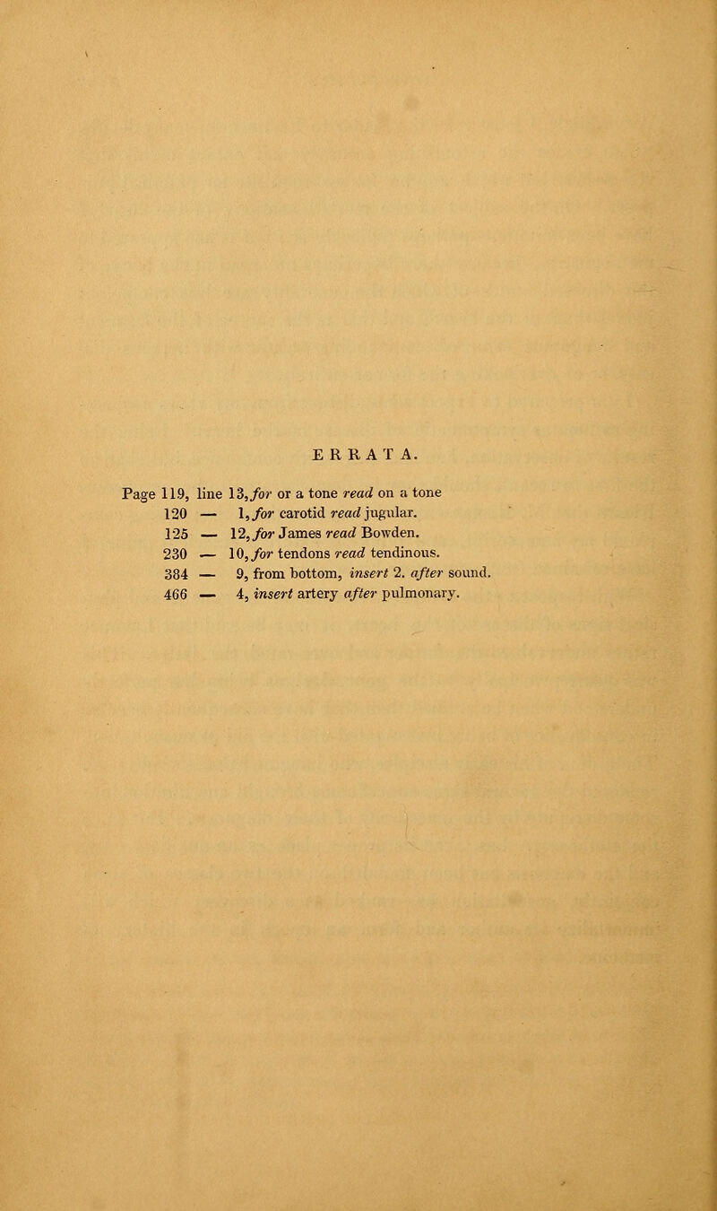 ERRATA. Page 119, line 13, for or a tone read on a tone 120 — 1, for carotid read jugular. 125 — 12,/or James read Bowden. 230 — 10, for tendons read tendinous. 384 — 9, from bottom, insert 2. after sound. 466 _ 4, insert artery after pulmonary.