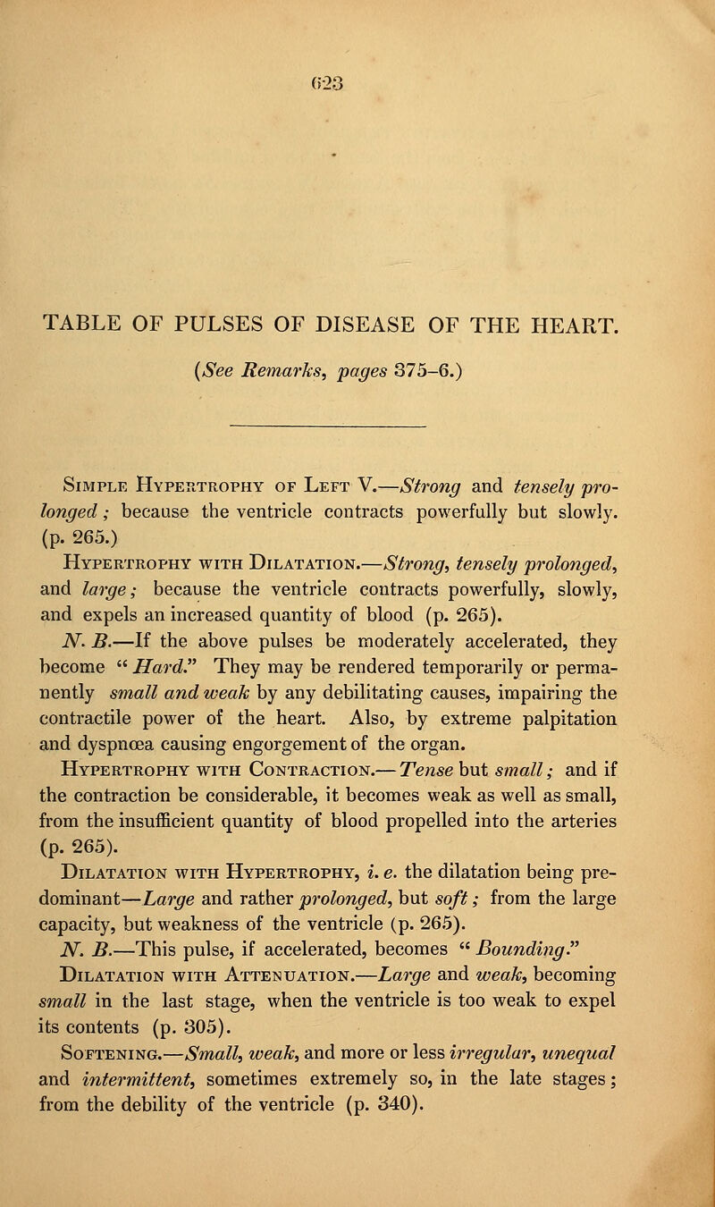 023 TABLE OF PULSES OF DISEASE OF THE HEART. (See Remarks, pages 375-6.) Simple Hypertrophy of Left V.—Strong and tensely pro- longed ; because the ventricle contracts powerfully but slowly, (p. 265.) Hypertrophy with Dilatation.—Strong, tensely prolonged, and large; because the ventricle contracts powerfully, slowly, and expels an increased quantity of blood (p. 265). N. B.—If the above pulses be moderately accelerated, they become Hard They may be rendered temporarily or perma- nently small and weak by any debilitating causes, impairing the contractile power of the heart. Also, by extreme palpitation and dyspnoea causing engorgement of the organ. Hypertrophy with Contraction.— Tense but small; and if the contraction be considerable, it becomes weak as well as small, from the insufficient quantity of blood propelled into the arteries (p. 265). Dilatation with Hypertrophy, i. e. the dilatation being pre- dominant—Large and rather prolonged, but soft; from the large capacity, but weakness of the ventricle (p. 265). N. B.—This pulse, if accelerated, becomes  Bounding Dilatation with Attenuation.—Large and weak, becoming small in the last stage, when the ventricle is too weak to expel its contents (p. 305). Softening.—Small, weak, and more or less irregular, unequal and intermittent, sometimes extremely so, in the late stages; from the debility of the ventricle (p. 340).