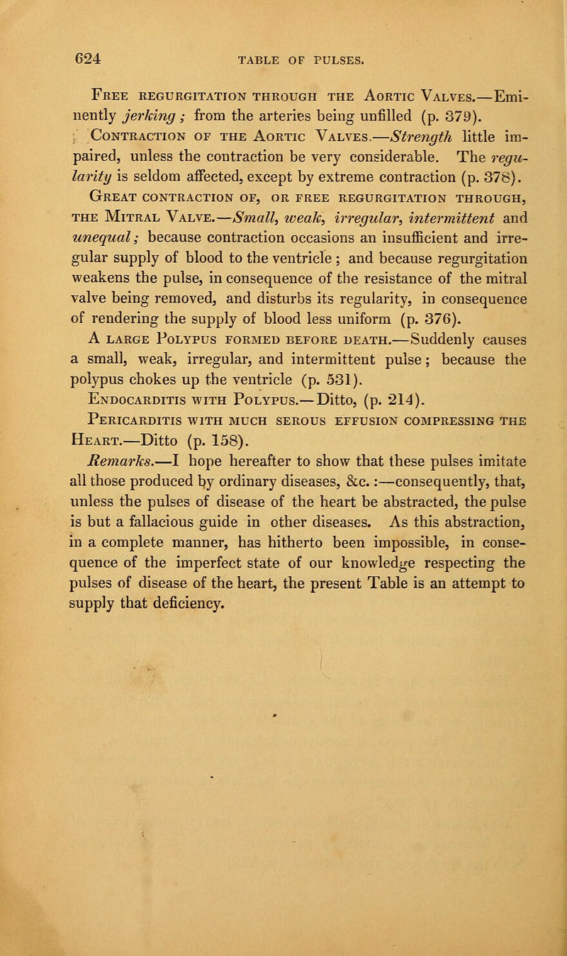 Free regurgitation through the Aortic Valves.—Emi- nently jerking; from the arteries being unfilled (p. 379). Contraction of the Aortic Valves.—Strength little im- paired, unless the contraction be very considerable. The regu- larity is seldom affected, except by extreme contraction (p. 378). Great contraction of, or free regurgitation through, the Mitral Valve.—Small, weak, irregular, intermittent and unequal; because contraction occasions an insufficient and irre- gular supply of blood to the ventricle ; and because regurgitation weakens the pulse, in consequence of the resistance of the mitral valve being removed, and disturbs its regularity, in consequence of rendering the supply of blood less uniform (p. 376). A large Polypus formed before death.—Suddenly causes a small, weak, irregular, and intermittent pulse; because the polypus chokes up the ventricle (p. 531). Endocarditis with Polypus.—Ditto, (p. 214). Pericarditis with much serous effusion compressing the Heart.—Ditto (p. 158). Remarks.—I hope hereafter to show that these pulses imitate all those produced by ordinary diseases, &c.:—consequently, that, unless the pulses of disease of the heart be abstracted, the pulse is but a fallacious guide in other diseases. As this abstraction, in a complete manner, has hitherto been impossible, in conse- quence of the imperfect state of our knowledge respecting the pulses of disease of the heart, the present Table is an attempt to supply that deficiency.