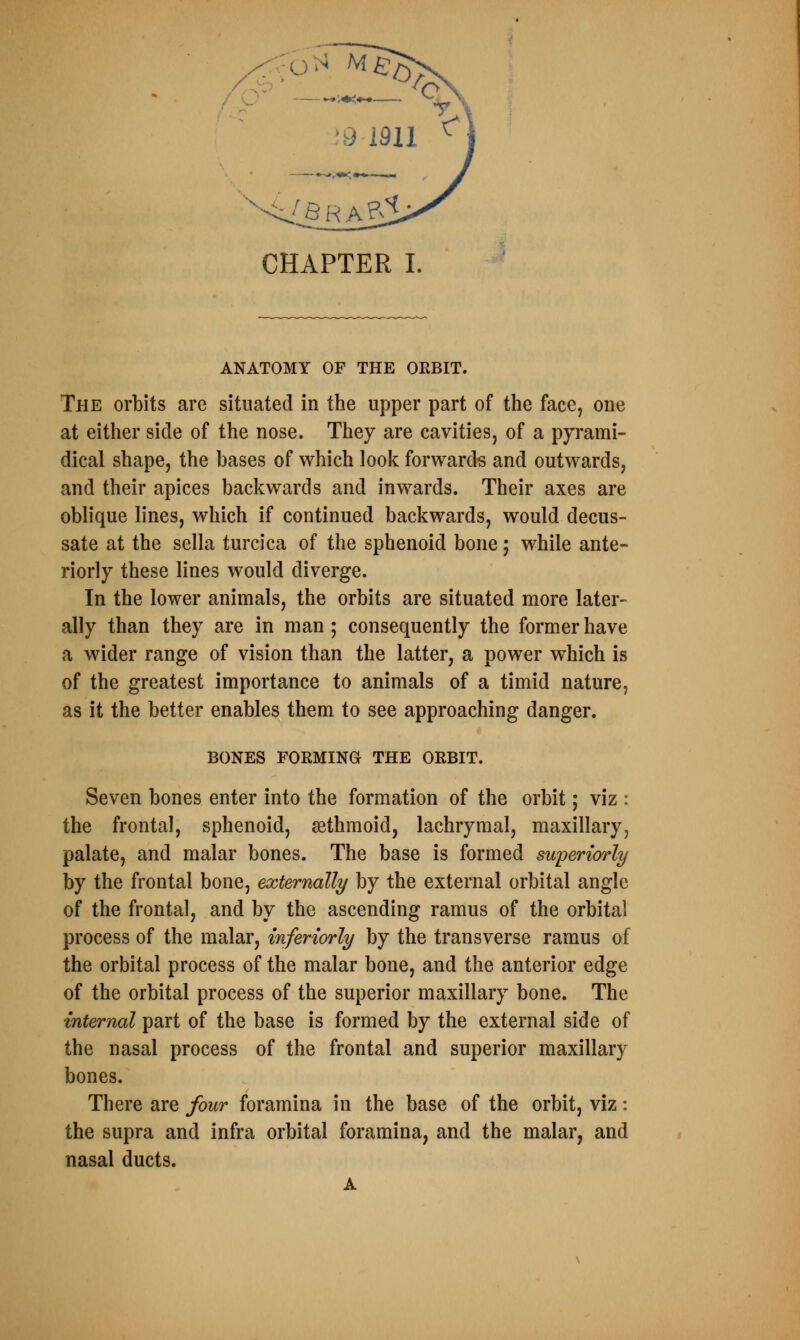 ANATOMY OF THE ORBIT. The orbits are situated in the upper part of the face, one at either side of the nose. They are cavities, of a pyrami- dical shape, the bases of which look forwards and outwards, and their apices backwards and inwards. Their axes are oblique lines, which if continued backwards, would decus- sate at the sella turcica of the sphenoid bone; while ante- riorly these lines would diverge. In the lower animals, the orbits are situated more later- ally than they are in man; consequently the former have a wider range of vision than the latter, a power which is of the greatest importance to animals of a timid nature, as it the better enables them to see approaching danger. BONES FORMING THE ORBIT. Seven bones enter into the formation of the orbit; viz : the frontal, sphenoid, sethmoid, lachrymal, maxillary, palate, and malar bones. The base is formed superiorly by the frontal bone, externally by the external orbital angle of the frontal, and by the ascending ramus of the orbital process of the malar, inferiorly by the transverse ramus of the orbital process of the malar bone, and the anterior edge of the orbital process of the superior maxillary bone. The internal part of the base is formed by the external side of the nasal process of the frontal and superior maxillary bones. There are four foramina in the base of the orbit, viz: the supra and infra orbital foramina, and the malar, and nasal ducts. A