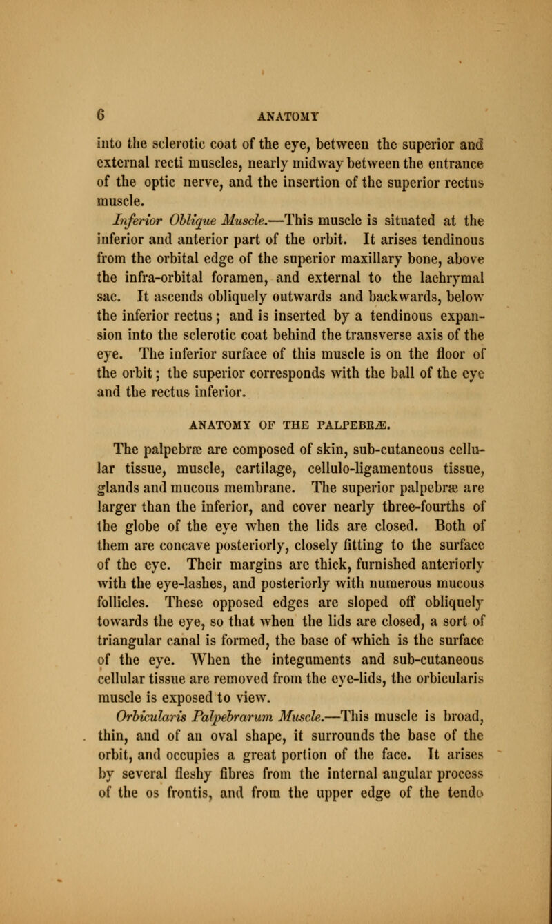into the sclerotic coat of the eye, between the superior and external recti muscles, nearly midway between the entrance of the optic nerve, and the insertion of the superior rectus muscle. Inferior Oblique Muscle.—This muscle is situated at the inferior and anterior part of the orbit. It arises tendinous from the orbital edge of the superior maxillary bone, above the infra-orbital foramen, and external to the lachrymal sac. It ascends obliquely outwards and backwards, below the inferior rectus ; and is inserted by a tendinous expan- sion into the sclerotic coat behind the transverse axis of the eye. The inferior surface of this muscle is on the floor of the orbit; the superior corresponds with the ball of the eye and the rectus inferior. ANATOMY OF THE PALPEBRjE. The palpebral are composed of skin, sub-cutaneous cellu- lar tissue, muscle, cartilage, cellulo-ligamentous tissue, glands and mucous membrane. The superior palpebral are larger than the inferior, and cover nearly three-fourths of the globe of the eye when the lids are closed. Both of them are concave posteriorly, closely fitting to the surface of the eye. Their margins are thick, furnished anteriorly with the eye-lashes, and posteriorly with numerous mucous follicles. These opposed edges are sloped off obliquely towards the eye, so that when the lids are closed, a sort of triangular canal is formed, the base of which is the surface of the eye. When the integuments and sub-cutaneous cellular tissue are removed from the eye-lids, the orbicularis muscle is exposed to view. Orbicularis Palpebrarum Muscle.—This muscle is broad, thin, and of an oval shape, it surrounds the base of the orbit, and occupies a great portion of the face. It arises by several fleshy fibres from the internal angular process of the os frontis, and from the upper edge of the tendo
