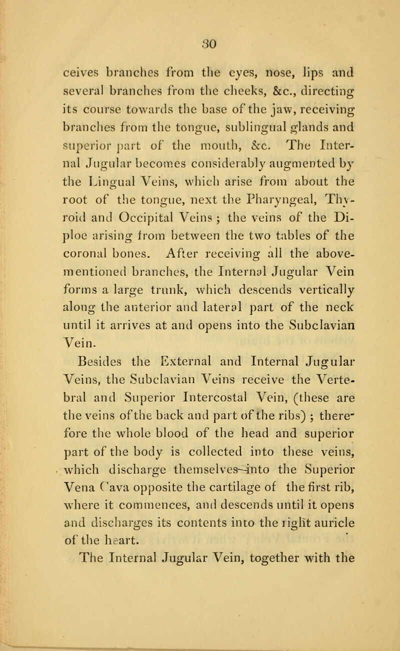 ceives branches from tlie eyes, nose, lips and several branches from the clieeks, &c., directing its course towards the base of the jaw, receiving brandies from the tongue, subUngual glands and superior ])art of the mouth, &c. The Inter- nal Jugular becom.es considerably augmented by the Lingual Veins, which arise from about the root of the tongue, next the Pharyngeal, Thy- roid and Occipital Veins ; the veins of the Di- ploe arising from between the two tables of the coronal bones. After receiving all the above- mentioned branches, the Internal Jugular Vein forms a large trunk, which descends vertically along the anterior and lateral part of the neck until it arrives at and opens into the Subclavian Vein- Besides the External and Internal Jugular Veins, the Subclavian Veins receive the Verte- bral and Superior Intercostal Vein, (these are the veins of the back and part of the ribs) ; there- fore the whole blood of the head and superior part of the body is collected into these veins, wdiich discharge themselves-^nto the Superior Vena Cava opposite the cartilage of the first rib, wdiere it commences, and descends until it opens and discharges its contents into the right auricle of the heart. The Internal Jugular Vein, together with the