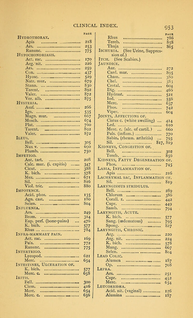 Hydrothorax. Apis 218 Ars 253 Ranunc 775 Hypochondriasis. Act. rac 170 Arg. nit 226 Ars 259 Con 437 Hyosc 529 Natr. mur 679 Stann. S30 Tarent 892 Valer 872 Ver. alb 875 Hysteria. Asaf. 266 Ign 535 Magn. mur 667 Mosch 674 Plat 760 Tarent 892 Valer , 872 Ileus. Bell. 305 Nux V 690 Plumb 750 Impetigo. Ant. tart 20S Calc. mur. (i. capitis) 347 Cicut 388 K. bich 578 Mez. 671 Sil 816 Viol, trie 880 Impotence. Acid, phos 135 Agn. cast 180 Selen 804 Influenza. Ars 249 Brom 314 Eup. perf. (bone-pains) ... 476 K. bich 577 Rhus 784 Infra-mammary pain. Act. rac 169 Puis 772 Ranunc. 775 Intertrigo, Lycopod 621 Merc 654 Intestines, Ulceration of. K. bich 577 Merc, c 658 Iritis. Bell 300 Clem 416 Merc 654 Merc, c 656 Rhus 786 Tereb 858 Thuja 865 Ischuria. (See Urine, Suppres- sion of.) Itch. (See Scabies.) Jaundice. Aur 272 Card, mar 895 Cham 3S0 Chel 3S3 Crotal 604 Dig 466 Hydrast 521 lod 556 Merc 637 Phos 742 Viper 604 Joints, Affections of. Cistus c. (white swelling) ... 414 Led 610 Merc. c. (ulc. of cartil.) ... 660 Puis, (infiam.) 770 Sabin. (rheum, arthritis) ... 793 Sil 817,819 Kidneys, Congestion of. Bell 302 Tereb 856 Kidneys, Fatty Degeneration of. Phos 745 Labia, Inflammation of. Apis 216 Lachrymal sac. Inflammation of. Sil 819 Laryngismus stridulus. Bell 289 Chlorum 386 Corall. r 442 Cupr 449 Samb 794 Laryngitis, Acute. K. bich 577 Sang, (oedematous) 795 Spong 827 Laryngitis, Chronic. Arg 220 Arg. nit 224 K. bich 578 Mang 667 Selen 804 Lead Colic. Alumen 1S7 Op 708 Lepra. Ars 251 Cupr 452 Merc 654 Leucorrhcea. Acid. nit. (vaginal) 126 Alumina 187