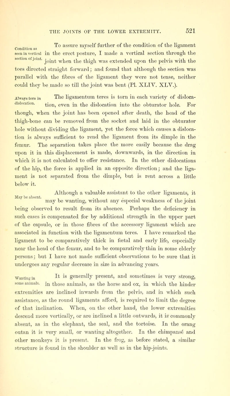 To assure myself further of the condition of the lis-ament Conditiou as ^ seen in vertical in the erect posture, I made a vei'tical section through the sec ion 0 join . j^-^-^^ when the thigh was extended upon the pelvis with the toes directed straight forward; and found that although the section was parallel with the fibres of the ligament they were not tense, neither could they be made so till the joint was bent (PI. XLIV. XLY.). Always torn in The ligamentum teres is torn in each variety of disloca- disioeatiou. tion, even in the dislocation into the obturator hole. For though, when the joint has been opened after death, the head of the thigh-bone can be removed from the socket and laid in the obturator hole without dividing the ligament, yet the force which causes a disloca- tion is always sufficient to rend the ligament fi'om its dimple in the femur. The separation takes place the more easily because the drag upon it in this displacement is made, downwards, in the direction in which it is not calculated to offer resistance. In the other dislocations of the hip, the force is applied in an opjDosite direction; and the liga- ment is not separated from the dimple, but is rent across a little below it. Although a valuable assistant to the other ligaments, it May be absent. . . may be wanting, without any especial weakness of the joint being observed to result from its absence. Perhaps the deficiency in such cases is compensated for by additional strength in the upper part of the capsule, or in those fibres of the accessory ligament which are associated in function with the ligamentum teres. I have remarked the ligament to be comparatively thick in foetal and early life, especially near the head of the femur, and to be comparatively thin in some elderly persons; but I have not made sufficient observations to be sure that it undergoes any regular decrease in size in advancing years. Wanting in ^* ^^ generally present, and sometimes is very strong, some animals, jj^ those animals, as the horse and ox, in which the hinder extremities are inclined inwards from the pelvis, and in which such assistance, as the round ligaments afford, is required to limit the degree of that inclination. When, on the other hand, the lower extremities descend more vertically, or are inclined a little outwards, it is commonly absent, as in the elephant, the seal, and the tortoise. In the orang outan it is very small, or wanting altogether. In the chimpanse and other monkeys it is present. In the frog, as before stated, a similar structure is found in the shoulder as well as in the hip-joints.