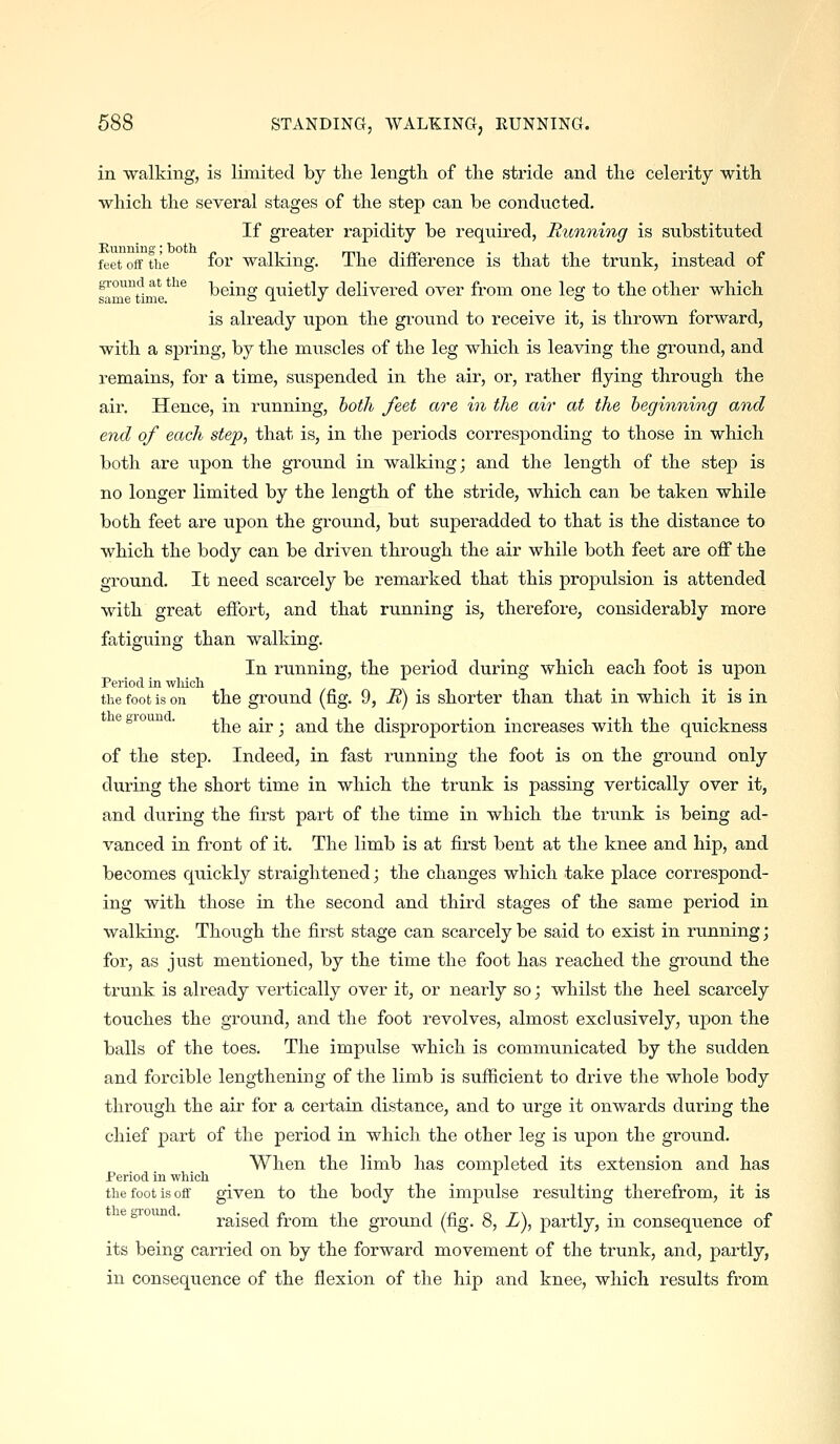 in walking, is limited by tlie length of tlie stride and the celerity with which the several stages of the step can be conducted. If greater rapidity be required, Running is substituted feet off the for Walking. The difference is that the trunk, instead of ground at the ][3gij^g quietly delivered over from one lecf to the other which same time. & u j o is already upon the ground to receive it, is thrown forward, with a spring, by the muscles of the leg which is leaving the ground, and remains, for a time, suspended in the air, or, rather flying through the air. Hence, in running, both feet are in the air at the beginning and end of each step, that is, in the periods corresponding to those in which both are upon the ground in walking; and the length of the step is no longer limited by the length of the stride, which can be taken while both feet are upon the ground, but superadded to that is the distance to which the body can be driven through the air while both feet are off the ground. It need scarcely be remarked that this propulsion is attended with great effort, and that running is, therefore, considerably more fatiguing than walking. In running, the pei-iod during which each foot is upon Period in which the foot is on the ground (fig. 9, R) is shorter than that in which it is in egioun . ^-j^^ ^.^^ ^^^ ^^^ disproportion increases with the quickness of the step. Indeed, in fast running the foot is on the ground only during the short time in which the trunk is passing vertically over it, and during the first part of the time in which the trunk is being ad- vanced in front of it. The limb is at first bent at the knee and hip, and becomes quickly straightened; the changes which take place correspond- ing with those in the second and third stages of the same period in walking. Thoiigh the first stage can scarcely be said to exist in running; for, as just mentioned, by the time the foot has reached the ground the trunk is already vertically over it, or nearly so; whilst the heel scarcely touches the ground, and the foot revolves, almost exclusively, upon the balls of the toes. The impulse which is communicated by the sudden and forcible lengthening of the limb is sufficient to drive the whole body through the air for a certain distance, and to urge it onwards during the chief part of the period in which the other leg is upon the ground. When the limb has completed its extension and has Period in which the foot is off given to the body the impulse resulting therefrom, it is legroiin . raised from the ground (fig. 8, L), partly, in consequence of its being carried on by the forward movement of the trunk, and, partly, in consequence of the flexion of the hip and knee, which results from