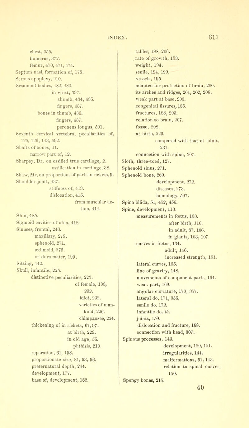 chest, 355. humerus, 372. femur, 470, 471, 474. Septum nasi, formation of, 17S. Serous apoplexy, 210. Sesamoid bodies, 4S2, 483. in wrist, 397. thumb, 434, 436. fingers, 437. bones in thumb, 436. fingers, 437. peroneus longus, 501. Seventh cervical vertebra, peculiarities of, 125,126,143, 592. Shafts of bones, 11. narrow part of, 12. Sharpey, Dr, on ossified true cartilage, 2. ossification in cartilage, 38. Shaw, Mr, on proportions of parts in rickets, 9. Shoulder-joint, 437. stiffness of, 413. dislocation, 415. from muscular ac- tion, 414. Shin, 485. Sigmoid cavities of ulna, 418. Sinuses, frontal, 246. maxiUary, 279. sphenoid, 271. Eethmoid, 275. of dura mater, 199. Sitting, 442. Skull, infantile, 225. distinctive peculiarities, 223. of female, 103, 232. idiot, 232. varieties of man- kind, 226. chimpanzee, 224. thickening of in rickets, 67, 97. at birth, 229. in old age, 56. phthisis, 210. reparation, 61, 198. proportionate size, 81, 93, 96. preternatural depth, 244. development, 177. base of, development, 182. tables, 188, 206. rate of growth, 193. weight, 194. senile, 194, 199. vessels, 195 adapted for protection of brain, 200. its arches and ridges, 201, 202, 206. weak part at base, 203. congenital fissures, 185. fractures, 188, 203. relation to brain, 207. fossae, 208. at birth, 229. compared with that of adult, 231. connection with spine, 307. Sloth, three-toed, 127. Sphenoid sinus, 271. Sphenoid bone, 269. development, 272. diseases, 273. homology, 597. Spina bifida, 51, 452, 456. Spine, development, 113. measurements in foetus, 133. after birth, 110. in adult, 87,106. in giants, 103, 107. curves in foetus, 134. adult, 146. increased strength, 151. lateral curves, 155. line of gravity, 148. movements of component parts, 164. weak part, 169. angular curvature, 170, 357. lateral do. 171, 356. senile do. 172. infantile do. ib. joints, 159. dislocation and fracture, 168. connection with head, 307. Spinous processes, 143. development, 120, 121. irregularities, 144. malformations, 51,143. relation to spinal curves, 150. Spongy bones, 215. 40