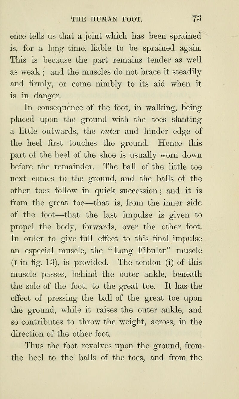 ence tells us that a joint which has been sprained is, for a long time, hable to be sprained again. This is because the part remains tender as well as weak ; and the muscles do not brace it steadily and firmly, or come nimbly to its aid when it is in danger. In consequence of the foot, in walking, being placed upon the ground with the toes slanting a httle outwards, the outev and hinder edge of the heel first touches the ground. Hence this part of the heel of the shoe is usually worn down before the remainder. The ball of the little toe next comes to the ground, and the balls of the other toes follow in quick succession; and it is from the great toe—that is, from the inner side of the foot—that the last impulse is given to propel the body, forwards, over the other foot. In order to give full effect to this final impulse an especial muscle, the Long Fibular muscle (l in fig. 13), is provided. The tendon (i) of this m.uscle passes, behind the outer ankle, beneath the sole of the foot, to the great toe. It has the effect of pressing the ball of the great toe upon the ground, while it raises the outer ankle, and so contributes to throw the weight, across, in the direction of the other foot. Thus the foot revolves upon the ground, from- the heel to the balls of the toes, and from the