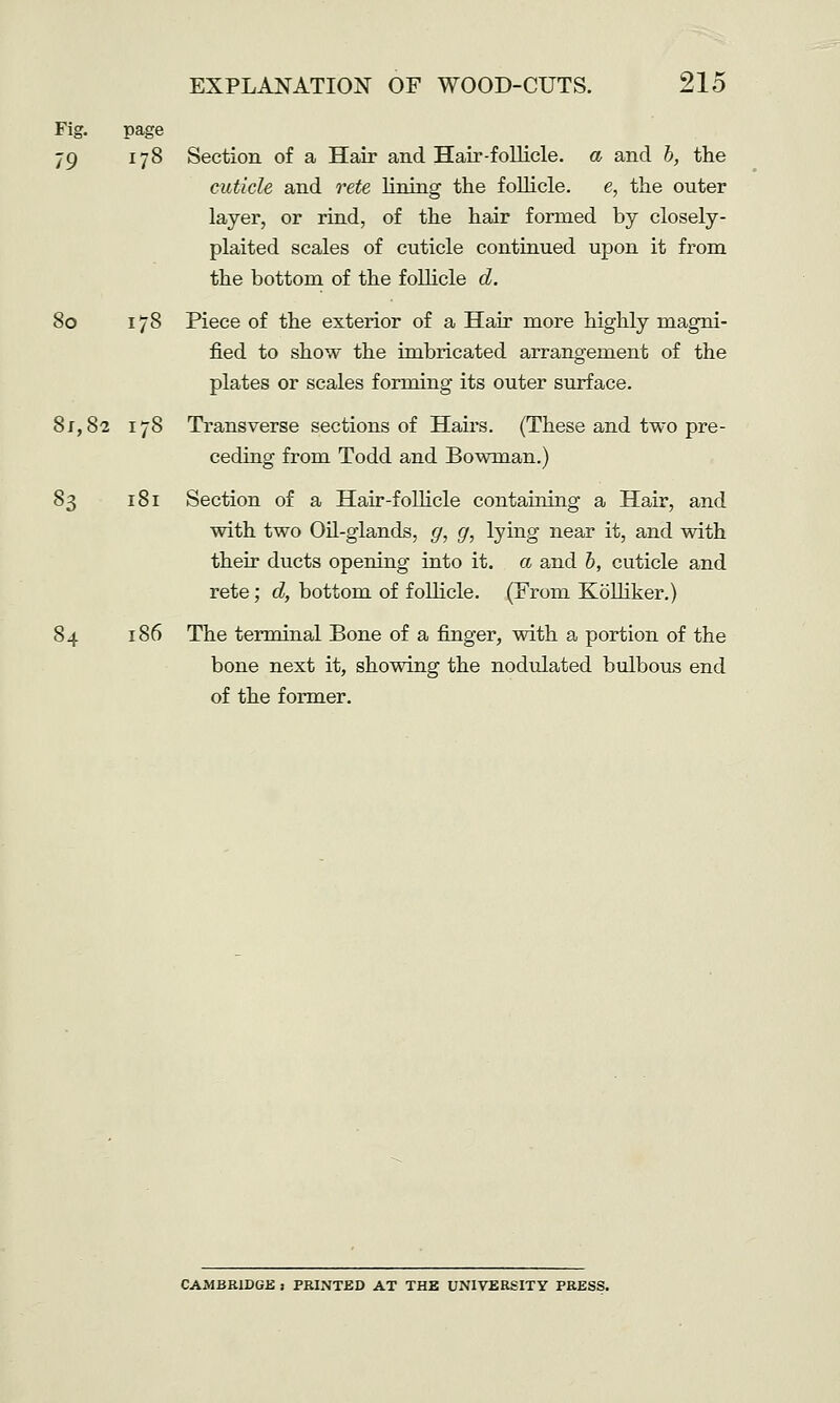 Fig. page 79 178 Section of a Hair and Hair-follicle, a and h, the cuticle and rete lining the follicle. e, the outer layer, or rind, of the hair formed by closely- plaited scales of cuticle continued upon it from the bottom of the foUicle d. 80 178 Piece of the exterior of a Hair more highly magni- fied to show the imbricated arrangement of the plates or scales forming its outer surface. 81,82 178 Transverse sections of Hairs. (These and two pre- ceding from Todd and Bowman.) 83 181 Section of a Hair-foUicle containing a Hair, and with two Oil-glands, g, g, lying near it, and with their ducts opening into it. a and h, cuticle and rete; d, bottom of follicle. (From Kolliker.) 84 186 The terminal Bone of a finger, with a portion of the bone next it, showing the nodulated bulbous end of the former. CAMBRIDGE j PRINTED AT THE UNIVERSITY PRESS.