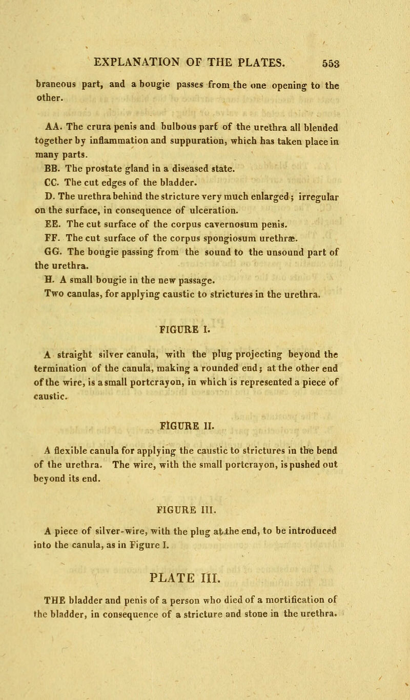 braneous part, and a bougie passes from the one opening to the other. AA. The crura penis and bulbous part of the urethra all blended together by inflammation and suppuration, which has taken place in many parts. B6. The prostate gland in a diseased state. CC The cut edges of the bladder. D. The urethra behind the stricture very much enlarged; irregular on the surface, in consequence of ulceration. EE. The cut surface of the corpus cavernosum penis. FF. The cut surface of the corpus spongiosum urethra?. GG. The bougie passing from the sound to the unsound part of the urethra. H. A small bougie in the new passage. Two canulas, for applying caustic to strictures in the urethra. FIGURE I. A straight silver canula, with the plug projecting beyond the termination of the canula, making a rounded end; at the other end of the wire, is a small portcrayon, in which is represented a piece of caustic. FIGURE II. A flexible canula for applying the caustic to strictures in the bend of the urethra. The wire, with the small portcrayon, is pushed out beyond its end. FIGURE III. A piece of silver-wire, with the plug atihe end, to be introduced into the canula, as in Figure I. PLATE III. THE bladder and penis of a person who died of a mortification of the bladder, in consequence of a stricture and stone in the urethra.
