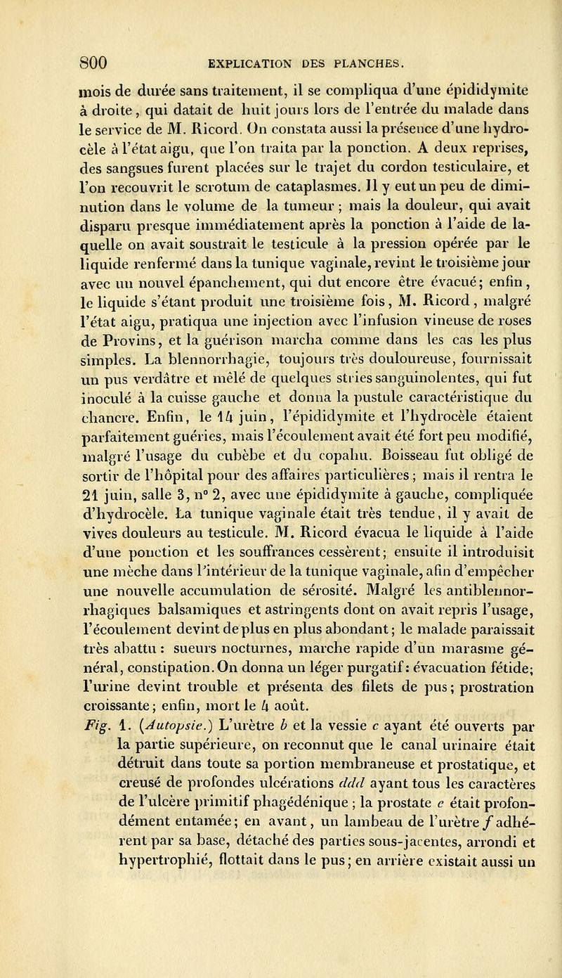 mois de durée sans traitement, il se compliqua d'une épididymite à droite , qui datait de huit jours lors de l'entrée du malade dans le service de M. Ricord. On constata aussi la présence d'une hydro- cèle à l'état aigu, que l'on traita par la ponction. A deux reprises, des sangsues furent placées sur le trajet du cordon testiculaire, et l'on recouvrit le scrotum de cataplasmes. 11 y eut un peu de dimi- nution dans le volume de la tumeur ; mais la douleur, qui avait disparu presque immédiatement après la ponction à l'aide de la- quelle on avait soustrait le testicule à la pression opérée par le liquide renfermé dans la tunique vaginale, revint le troisième jour avec un nouvel épancliement, qui dut encore être évacué; enfin , le liquide s'étant produit une troisième fois , M. Ricord , malgré l'état aigu, pratiqua une injection avec l'infusion vineuse de roses de Provins, et la guérison marcha comme dans les cas les plus simples. La blennorrhagie, toujours très douloureuse, fournissait un pvis verdâtre et mêlé de quelques stries sanguinolentes, qui fut inoculé à la cuisse gauche et donna la pustule cai'actéristique du chancre. Enfin, lel/ijvdn, l'épididymite et l'hydrocèle étaient parfaitement guéries, mais l'écoulement avait été fort peu modifié, malgré l'usage du cubèbe et du copahu. Boisseau fut obligé de sortir de l'hôpital pour des affaires particulières ; mais il rentra le 21 juin, salle 3, n° 2, avec une épididymite à gauche, compliquée d'hydrocèle. La tunique vaginale était très tendue, il y avait de vives douleurs au testicule. M. Ricord évacua le liquide à l'aide d'une ponction et les souffrances cessèrent ; ensuite il introduisit une mèche dans l'intérieur de la tunique vaginale, afin d'empêcher une nouvelle accumulation de sérosité. Malgré les antiblennor- rhagiques balsamiques et astringents dont on avait repris l'usage, l'écoulement devint déplus en plus abondant ; le malade paraissait très abattu : sueurs nocturnes, marche rapide d'un marasme gé- néral, constipation. On donna un léger purgatif: évacuation fétide; l'urine devint trouble et présenta des filets de pus ; prostration croissante; enfin, mort le k août. Fig. 1. [Autopsie.) L'urètre b et la vessie c ayant été ouverts par la partie supérieure, on reconnut que le canal urinaire était détruit dans toute sa portion membraneuse et prostatique, et creusé de profondes ulcérations ddd ayant tous les caractères de l'ulcère i)rimitif phagédénique ; la prostate e était profon- dément entamée; en avant, un lambeau de l'urètre/adhé- rent par sa base, détaché des parties sous-jacentes, arrondi et hypertrophié, flottait dans le pus; en arrière existait aussi un