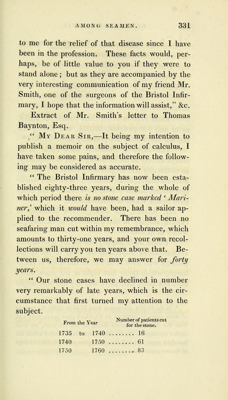 to me for the relief of that disease since I have been in the profession. These facts would, per- haps, be of little value to you if they were to stand alone; but as they are accompanied by the very interesting communication of my friend Mr. Smith, one of the surgeons of the Bristol Infir- mary, I hope that the information will assist, &c. Extract of Mr. Smith's letter to Thomas Baynton, Esq. '' My Dear Sir,—It being my intention to publish a memoir on the subject of calculus, I have taken some pains, and therefore the follow- ing may be considered as accurate.  The Bristol Infirmary has now been esta- blished eighty-three years, during the whole of which period there is no stone case marked * Mari- ner,'' which it would have been, had a sailor ap- plied to the recommender. There has been no seafaring man cut within my remembrance, which amounts to thirty-one years, and your own recol- lections will carry you ten years above that. Be- tween us, therefore, we may answer for forty years.  Our stone cases have declined in number very remarkably of late years, which is the cir- cumstance that first turned my attention to the subject. T, ^, ^r Number of patients cut From the Year for the stone. 1735 to 1740 16 1740 1750 61 1750 1760 ^ 83