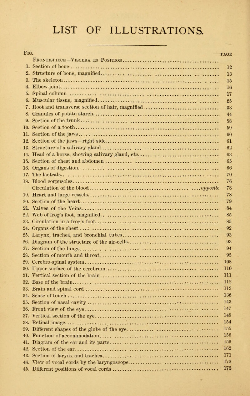 LIST OF ILLUSTRATIONS. Fig. page Frontispiece—Viscera in Position 1. Section of bone 12 2. Structure of bone, magnified .„. 13 3. The skeleton 15 4. Elbow-joint 16 5. Spinal column 17 6. Muscular tissue, magnified 25 7. Root and transverse section of hair, magnified 33 8. Granules of potato starch 44 9. Section of the trunk ; 58 10. Section of a tooth 59 11. Section of the jaws 60 12. Section of the jaws—right side 61 13. Structure of a salivary gland 62 14. Head of a horse, showing salivary gland, etc 63 15. Section of chest and abdomen 65 16. Organs of digestion . ... 66 17. Thelacteals 70 IS. Blood corpuscles 76 Circulation of the blood opposite 78 19. Heart and large vessels 78 20. Section of the heart 79 21. Valves of the Veins 84 22. Web of frog's foot, magnified. 85 23. Circulation in a frog's foot 85 24. Organs of the chest .... 92 25. Larynx, trachea, and bronchial tubes 93 26. Diagram of the structure of the air-cells 93 27. Section of the lungs 94 28. Section of mouth and throat 95 29. Cerebro-spinal system 108 30. Upper surface of the cerebrum 110 31. Vertical section of the brain Ill 32. Base of the brain 112 33. Brain and spinal cord 113 34. Sense of touch 136 35. Section of nasal cavity 143 36. Front view of the eye 147 37. Vertical section of the eye 148 38. Retinal image 154 39. Different shapes of the globe of the eye 155 40. Function of accommodation 156 41. Diagram of the ear and its parts 159 42. Section of the ear 162 43. Section of larynx and trachea 171 44. View of vocal cords by the laryngoscope., 172 45. Different positions of vocal cords 173