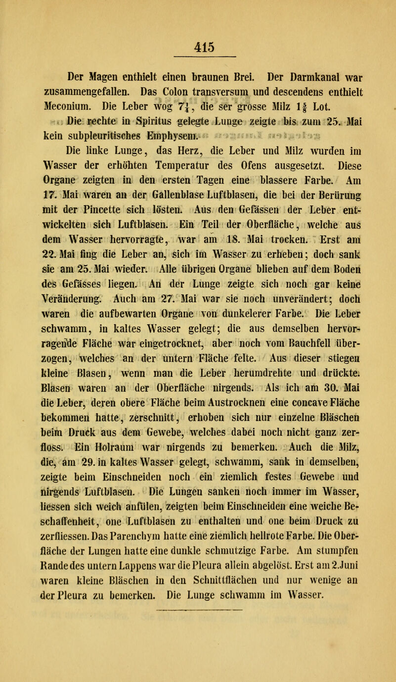 Der Magen enthielt einen braunen Brei. Der Darmkanal war zusammengefallen. Das Colon transversum und descendens enthielt Meconium. Die Leber wog 7^, die ser grosse Milz 1 f Lot. Die rechte in Spiritus gelegte Lunge zeigte bis zum 25. Mai kein subpleuritisches Emphysem, ^-i-^.^a-^.^. ^i-n^.'n:-. Die linke Lunge, das Herz, die Leber und Milz wurden im Wasser der erhöhten Temperatur des Ofens ausgesetzt. Diese Organe zeigten in den ersten Tagen eine blassere Farbe. Am 17. Mai waren an der Gallenblase Luftblasen, die bei der Berürung mit der Pincette sich lösten. Aus den Gefässen der Leber ent- wickelten sich Luftblasen. Ein Teil der Oberfläche, welche aus dem Wasser hervorragte, war am 18. Mai trocken. Erst am 22. Mai fing die Leber an, sich im Wasser zu erheben; doch sank sie am 25. Mai wieder. Alle übrigen Organe bUeben auf dem Boden des Gefässes liegen. An der Lunge zeigte sich noch gar keine Veränderung. Auch am 27. Mai war sie noch unverändert; doch waren die aufbewarten Organe von dunkelerer Farbe. Die Leber schwamm, in kaltes Wasser gelegt; die aus demselben hervor- ragende Fläche war eingetrocknet, aber noch vom Bauchfell über- zogen, welches an der untern Fläche feite. Aus dieser stiegen kleine Blasen, wenn man die Leber herumdrehte und drückte. Blasen waren an der Oberfläche nirgends. Als ich am 30. Mai die Leber, deren obere Fläche beim Austrocknen eine concave Fläche bekommen hatte, zerschnitt, erhoben sich nur einzelne Bläschen beim Druck aus dem Gewebe, welches dabei noch nicht ganz zer- floss. Ein Holraura war nirgends zu bemerkeu. Auch die Milz, die, am 29. in kaltes Wasser gelegt, schwamm, sank in demselben, zeigte beim Einschneiden noch ein ziemUch festes Gewebe und nirgends Luftblasen. Die Lungen sanken noch immer im Wasser, Hessen sich weich aufülen, zeigten beim Einschneiden eine weiche Be- schaffenheit, one Luftblasen zu enthalten und one beim Druck zu zerfliessen. Das Parenchym hatte eine ziemlich hellrote Farbe. Die Ober- fläche der Lungen hatte eine dunkle schmutzige Farbe. Am stumpfen Randedes untern Lappens war die Pleura allein abgelöst. Erst am2.Juni waren kleine Bläschen in den Schnittflächen und nur wenige an der Pleura zu bemerken. Die Lunge schwamm im Wasser.