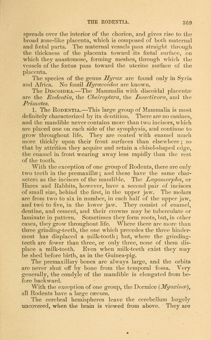 spreads over the interior of the chorion, and gives rise to the broad zone-like placenta, which is composed of both maternal and foetal parts. The maternal vessels pass straight through the thickness of the placenta toward its foetal surface, on which they anastomose, forming meshes, through which the vessels of the foetus pass toward the uterine surface of the placenta. The species of the genus Hyrax are found only in Syria and Africa. No fossil Hyracoidea are known. The DiscoiDEA,—The Mammalia with discoidal placentae are the Rodentia, the Cheiroptera^ the Insectivora, and the Primates. 1. The RoDENTiA.—This large group of Mammalia is most definitely characterized by its dentition. There are no canines, and the mandible never contains more than two incisors, which are placed one on each side of the symphysis, and continue to grow throughout life. They are coated with enamel much more thickly upon their front surfaces than elsewhere ; so that by attrition they acquire and retain a chisel-shaped edge, the enamel in front wearing away less rapidly than the rest of the tooth. With the exception of one group of Rodents, there are only two teeth in the premaxillse; and these have the same char- acters as the incisors of the mandible. The Lagomorpha^ or Hares and Rabbits, however, have a second pair of incisors of small size, behind the first, in the upper jaw. The molars are from two to six in number, in each half of the upper jaw, and two to five, in the lower jaw. They consist of enamel, dentine, and cement, and their crowns may be tuberculate or laminate in pattern. Sometimes they form roots, but, in other cases, they grow throughout life. Where there are more than three grin ding-teeth, the one which precedes the three hinder- most has displaced a milk-tooth; but, where the grinding- teeth are fewer than three, or only three, none of them dis- place a milk-tooth. Even when milk-teeth exist they may be shed before birth, as in the Guinea-pig. The premaxillary bones are always large, and the orbits are never shut off by bone from the temporal fossa. Very generally, the condyle of the mandible is elongated from be- fore backward. With the exception of one group, the Dormice {Myoxinm)^ all Rodents have a large caecum. The cerebral hemispheres leave the cerebellum largely imcovered, when the brain is viewed from above. They are