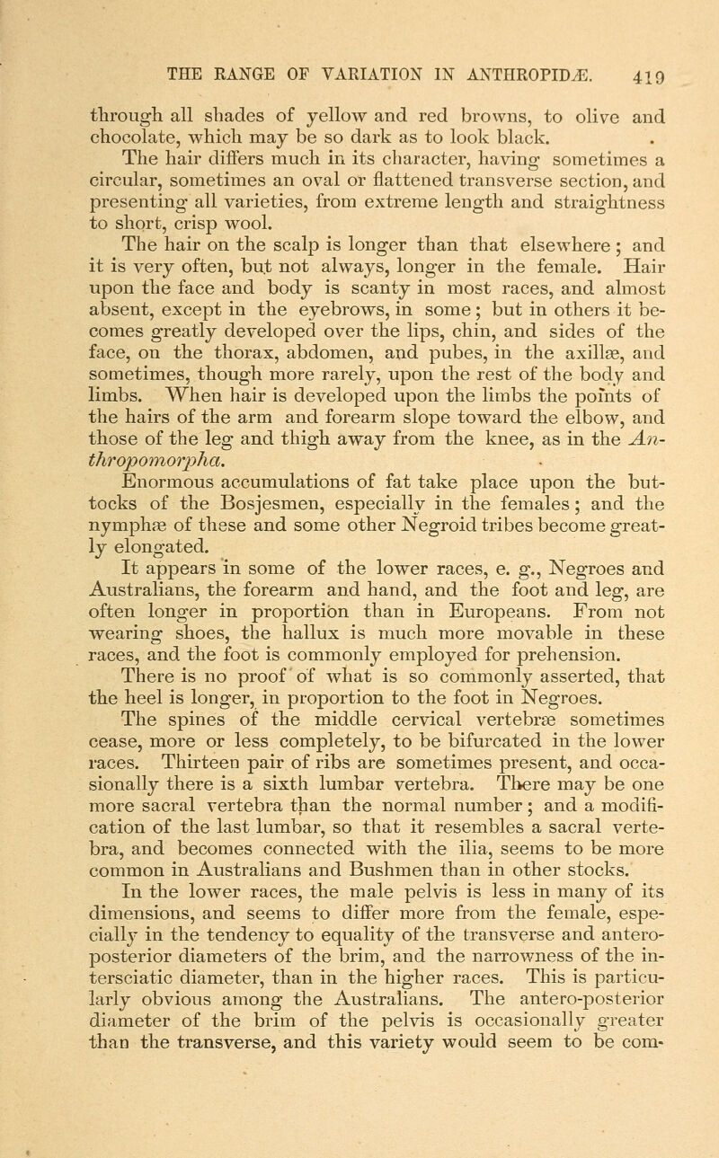 through all shades of yellow and red browns, to olive and chocolate, which may be so dark as to look black. The hair dilGFers much in its character, having sometimes a circular, sometimes an oval or flattened transverse section, and presenting all varieties, from extreme length and straightness to short, crisp wool. The hair on the scalp is longer than that elsewhere ; and it is very often, but not always, longer in the female. Hair upon the face and body is scanty in most races, and almost absent, except in the eyebrows, in some ; but in others it be- comes greatly developed over the lips, chin, and sides of the face, on the thorax, abdomen, and pubes, in the axillae, and sometimes, though more rarely, upon the rest of the body and limbs. When hair is developed upon the limbs the points of the hairs of the arm and forearm slope toward the elbow, and those of the leg and thigh away from the knee, as in the An- thropomorpha. Enormous accumulations of fat take place upon the but- tocks of the Bosjesmen, especially in the females; and the nymph^e of these and some other Negroid tribes become great- ly elongated. It appears in some of the lower races, e. g., Negroes and Australians, the forearm and hand, and the foot and leg, are often longer in proportion than in Europeans. From not wearing shoes, the hallux is much more movable in these races, and the foot is commonly employed for prehension. There is no proof of what is so commonly asserted, that the heel is longer, in proportion to the foot in Negroes. The spines of the middle cervical vertebrae sometimes cease, more or less completely, to be bifurcated in the lower races. Thirteen pair of ribs are sometimes present, and occa- sionally there is a sixth lumbar vertebra. There may be one more sacral vertebra than the normal number; and a modifi- cation of the last lumbar, so that it resembles a sacral verte- bra, and becomes connected with the ilia, seems to be more common in Australians and Bushmen than in other stocks. In the lower races, the male pelvis is less in many of its dimensions, and seems to differ more from the female, espe- cially in the tendency to equality of the transverse and antero- posterior diameters of the brim, and the narrowness of the in- tersciatic diameter, than in the higher races. This is particu- larly obvious among the Australians. The antero-posterior diameter of the brim of the pelvis is occasionally greater than the transverse, and this variety would seem to be com-