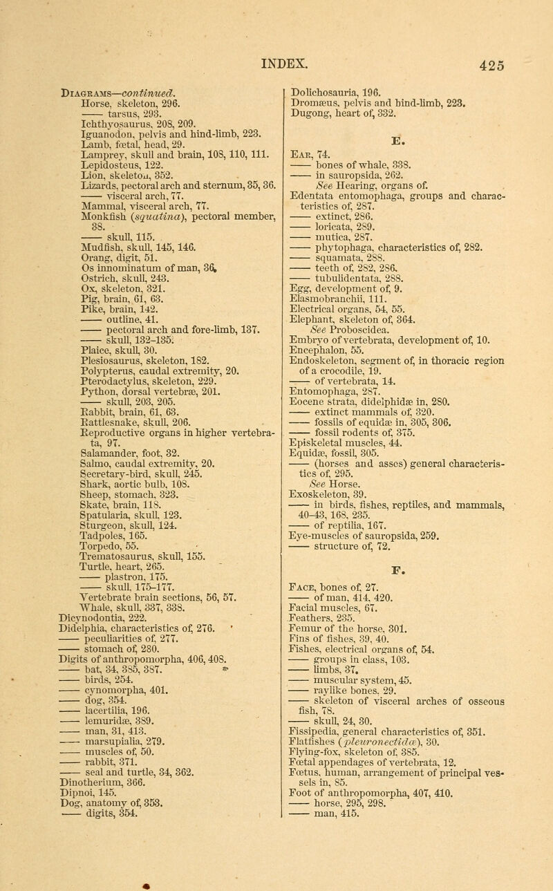 J)iAG-RAus—conMnued. Horse, skeleton, 296. tarsus, 293. Ichthj^qsaurus, 208, 209. Iguanodon, pelvis and hind-limb, 223. Lamb, foetal, head, 29. Lamprey, skull and brain, 108,110, 111. Lepidosteus, 122. Lion, skeleton, 352. Lizards, pectoral arch and sternum, 85,36. visceral arch, 11. Mammal, visceral arch, 77. Monkfish {squatina), pectoral member, —^' skull, 115. Mudfish, skuH, 115,146. Orang, digit, 51. Os Innominatum of man, SS, Ostrich, skull, 243. Ox, skeleton, 321. Pig, brain, 61, 63. Pike, brain, l42. outhne, 41. pectoral arch and fore-limb, 137. skull, 132-135. Plaice, skull, 30. Plesiosaurus, skeleton, 182. Polypterus, caudal extremity, 20. Pterodactylus, skeleton, 229. Python, dorsal vertebrae, 201. skull, 203, 205. Eabbit, brain, 61, 63. Eattlesnake, skull, 206. Eeproductive organs in higher vertebra- ta, 97. Salamander, foot, 32. Salmo, caudal extremity, 20. Secretary-bird, skull, 245. Shark, aortic bulb, 108. Sheep, stomach, 323. Skate, bram, 118. Spatularia, skull, 123. Sturgeon, skull, 124. Tadpoles, 165. Torpedo, 55. Trematosaurus, skull, 155. Turtle, heart, 265. plastron, 175. skull. 175-177. Vertebrate brain sections, 56, 57. Whale, skull, 337, 338. Dicynodontia, 222. Didelphia, characteristics o^ 276. peculiarities of, 277. stomach of, 280. Digits of anthropomorpha, 406,408. bat, 34, 385, 387. «> birds, 254. cynomorpha, 401. dog, 354. lacertilia, 196. lemuridae, 389. man, 31, 413. marsupialia, 279. muscles of, 50. rabbit, 371. seal and turtle, 34, 362. Dinotherium, 366. Dipnoi, 145. Dog, anatomy of, 353. digits, 354. Dolichosauria, 196. Dromseus, pelvis and hind-limb, 223. Dugong, heart of, 332. Eae, 74. bones of whale, 338. in sauropsida, 262. See Hearing, organs of. Edentata entomophaga, groups and charac- teristics of, 287. extinct, 286. loricata, 289. mutica, 287. phytophaga, characteristics of, 282. squamata, 288. teeth of, 282, 286. tubuhdentata, 288. Egg, development of, 9. Elasmobranchii, 111. Electrical organs, 54. 55. Elephant, skeleton of, 364. See Proboscidea. Embryo of vertebrata, development of, 10. Encephalon, 55. Endoskeleton, segment of, in thoracic region of a crocodile, 19. of vertebrata, 14. Entomophaga, 287. Eocene strata, didelphidse in, 280. extinct mammals of, 320. fossils of equidffi in, 305, 806. fossil rodents of, 375. Episkeletal muscles, 44. Equidse, fossil, 305. (horses and asses) general characteris- tics of, 295. See Horse. Exoskeleton, 39. in birds, fishes, reptiles, and mammals, 40-43,168, 235. of reptilia, 167. Eye-muscles of sauropsida, 259. structure of, 72. F. Face, bones of, 27. of man, 414. 420. Facial muscles, 67. Feathers, 235. Femm* of the horse. 801. Fins of fishes, 39, 40. Fishes, electrical oi-gans of, 54. groups in class, 103. limbs, 37. muscular system, 45. raylike bones, 29. skeleton of visceral arches of osseous fish, 78. skull, 24, 80. Fissipedia, general characteristics of, 351. Flatfishes {2')leuronectidce\ 30. Flying-fox, skeleton of, 385. ' Foetal appendages of vertebrata, 12. Foetus, human, ai'rangement of principal ves- sels in, 85. Foot of anthropomorpha, 407, 410. horse, 295, 298. man, 415.