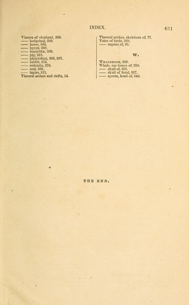 Viscera of elephant, 866. hedgehog, 380. horse, 304. hyrax, 368. lemuridae, 389. pig, 318. platyrrhini, 396, 39T. . rabbit, 374. • rodentia, 370. seal, 363. tapirs, 311. Visceral arches and clefts, 14, Visceral arches, skeletons of, 77. Voice of birds, 268. organs of, 93. W. Whalebone, 339. Whale, ear-bones of, 338. skuU of, 338. skull of foetal, 337. s[)erm, head of, 340. THE END.