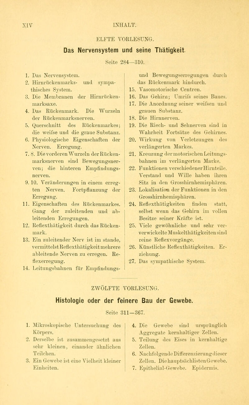 ELFTE VORLESUNG. Das Nervensystem und seine Thätigkeit. Seite 284—310. 1. Das Nervensystem. 2. Hirnrückenmarks- und sympa- thisches System. 3. Die Membranen der Hirnrücken- marksaxe. 4. Das Rückenmark. Die Wurzeln der Rückenmarksnerven. 5. Querschnitt des Rückenmarkes; die weifse und die graue Substanz. 6. Physiologische Eigenschaften der Nerven. Erregung. 7. 8. Die vorderen Wurzeln derRücken- marksnerven sind Bewegungsner- ven; die hinteren Empfindungs- nerven. 9. 10. Veränderungen in einem erreg- ten Nerven. Fortpflanzung der Erregung. 11. Eigenschaften des Rückenmarkes. Gang der zuleitenden und ab- leitenden Erregungen. 12. Reflexthätigkeit durch das Rücken- mark. 13. Ein zuleitender Nerv ist im stände, vermittelst Reflexthätigkeit mehrere ableitende Nerven zu erregen. Re- flexerregung. 14. Leitungsbahnen für Empfindungs- und Bewegungserregungen durch das Rückenmark hindurch. Vasomotorische Centren. Das Gehirn; Umrife seines Baues. Die Anordnung seiner weifsen und grauen Substanz. Die Hirnnerven. Die Riech- und Sehnerven sind in Wahrheit Fortsätze des Gehirnes. 20. Wirkung von Verletzungen des verlängerten Markes. Kreuzung der motorischen Leitungs- bahnen im verlängerten Marke. Funktionen verschiedener Hirnteile. Verstand und Wille haben ihren Sitz in den Grosshirnhemisphären. 23. Lokalisation der Funktionen in den Grosshirnhemisphären. Reflexthätigkeiten finden statt, selbst wenn das Gehirn im vollen Besitze seiner Kräfte ist. Viele gewöhnliche und sehr ver- verwickelte Muskelthätigkeiten sind reine Reflexvorgänge. 26. Künstliche Reflexthätigkeiten. Er- ziehung. 27. Das sympathische System. 21 22 24 25 ZWÖLFTE VORLESUNG. Histologie oder der feinere Bau der Gewebe. Seite 311-367. 1. Mikroskopische Untersuchung des Körpers. 2. Derselbe ist zusammengesetzt aus sehr kleinen, einander ähnlichen Teilchen. 3. Ein Gewebe ist eine Vielheit kleiner Einheiten. 4. Die Gewebe sind ursprünglich Aggregate kernhaltiger Zellen. 5. Teilung des Eises in kernhaltige Zollen. 6. Nachfolgende Differenzierung dieser Zellen. DiehauptsächlistenGewebe. 7. Epithelial-Gewebe. Epidermis.